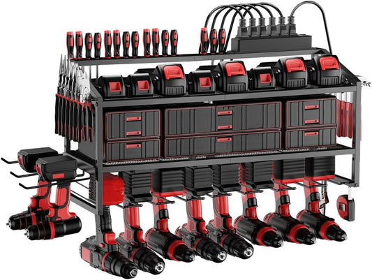 Power Tool Organizer Wall Mount with Charging Station, 3 Layer Storage Rack and Tool Holder for Garage Organization, 8 Drill Holder Wall Mount and 6 Outlet Power Strip