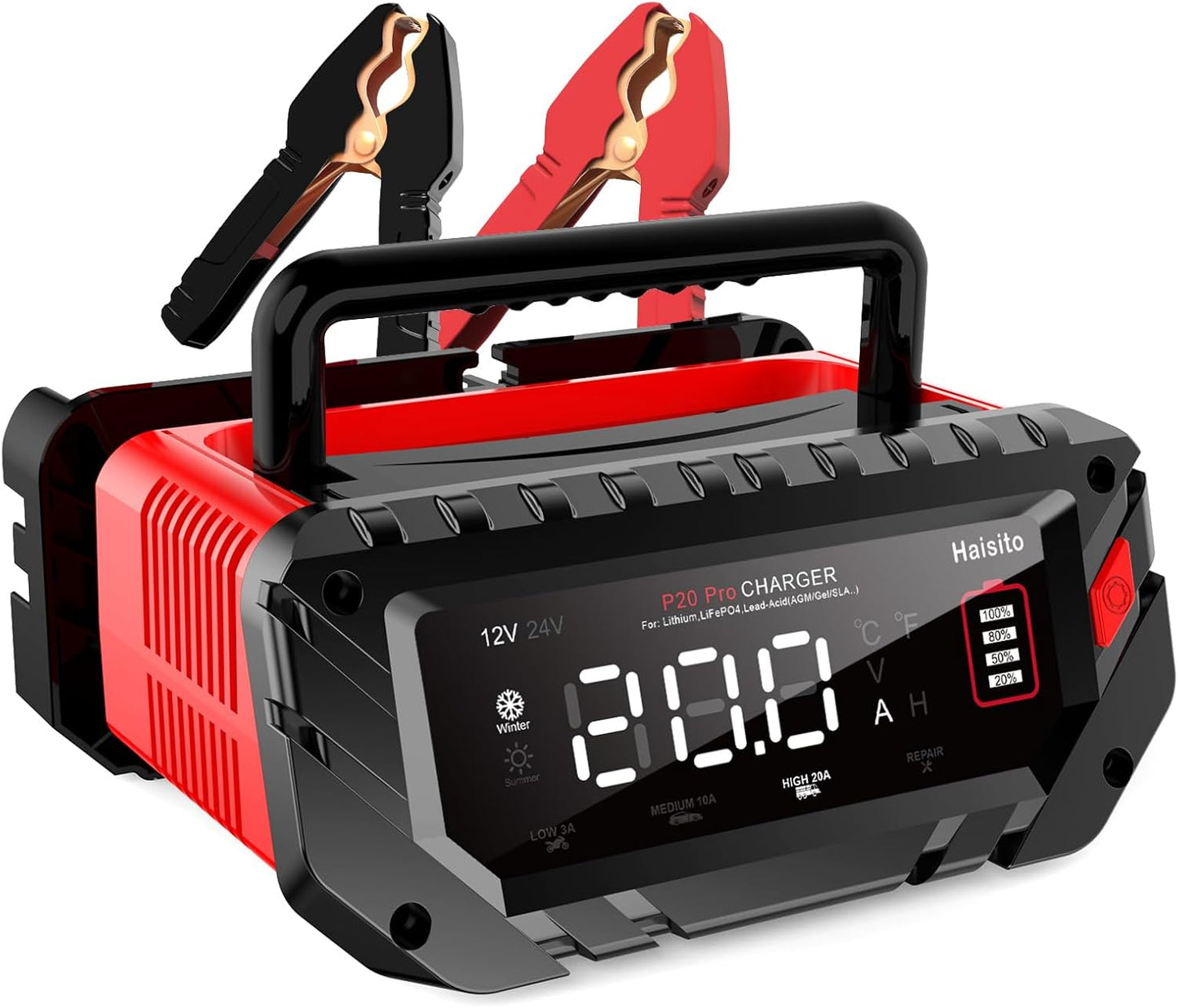 Haisito 20 Amp Lithium Battery Charger, 12V and 24V Lifepo4,Lead-Acid(AGM/Gel/SLA..) Portable Car Battery Charger,Battery Maintainer, Trickle Charger, and Battery Desulfator for Car,Boat, H-20-PRO