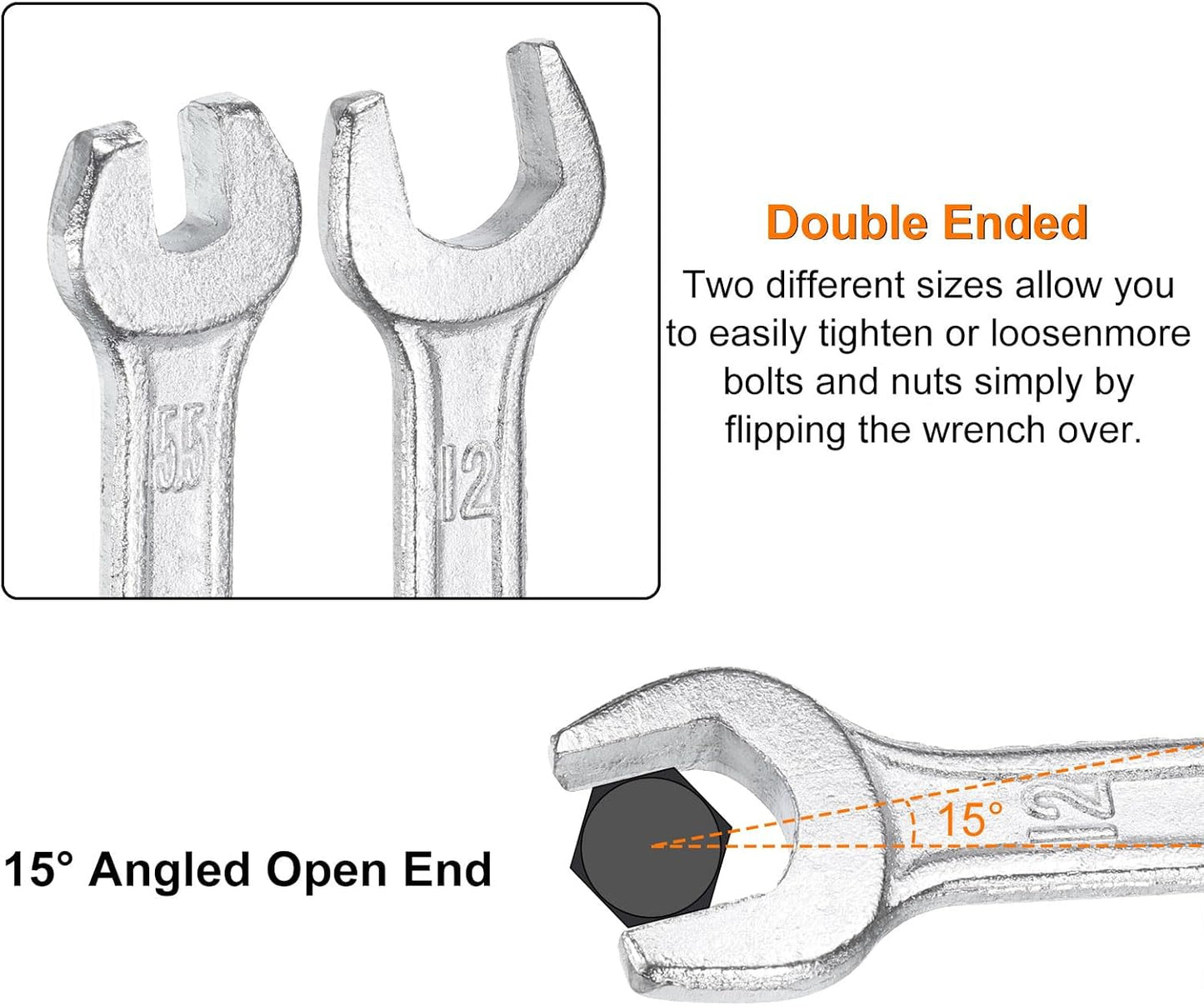 HARFINGTON 2pcs Double Open End Wrench 10mm x 15mm Metric 15 Degree Offset Angle Small Flat Head Wrench Galvanizing Open Ended Spanner for Automotive Repair Furniture Assembly
