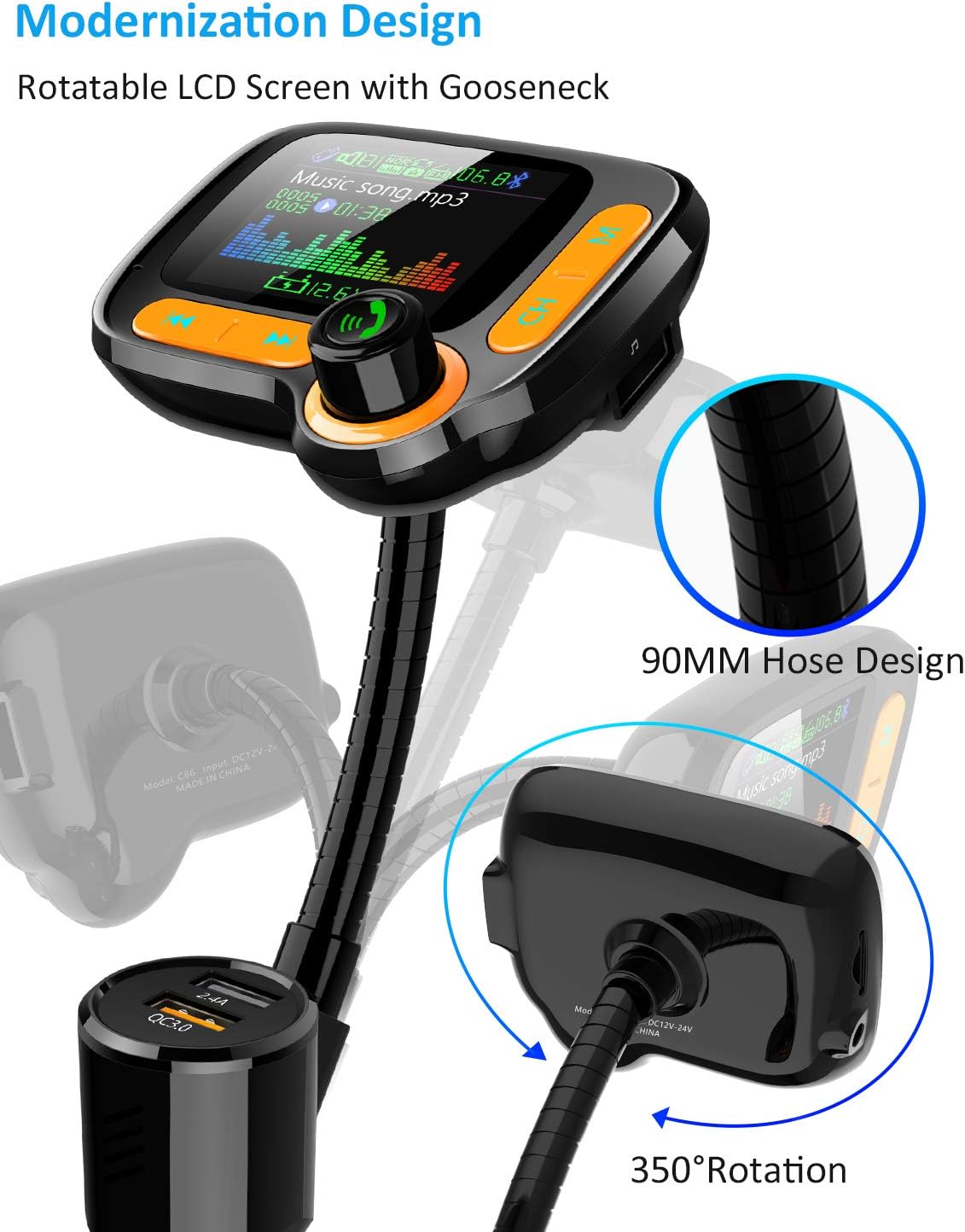 TSNAM Bluetooth FM Transmitter Car Adapter,Support Wireless Handsfree Call and MP3 Music/APP Audio Play,1.8" Color Screen,3 USB Charger,3.5mm AUX Port,Compatible with iPhone,iPad,Samsung and More