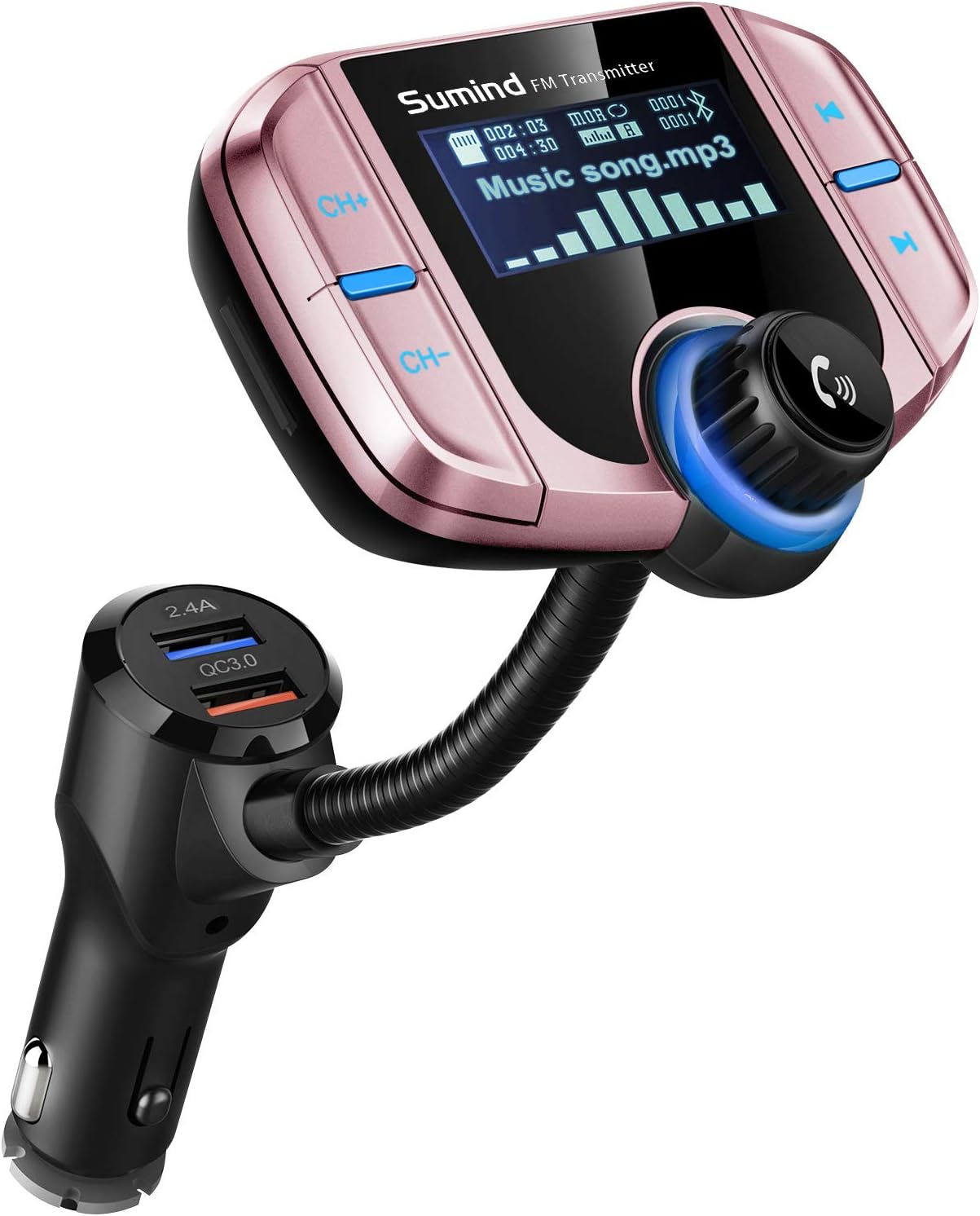 Upgraded Bluetooth FM Transmitter, Wireless Radio Adapter Hands Free Car Kit with 1.7'' Display, QC3.0 and Smart 2.4Amp Dual USB Ports, AUX Input/Output, TF Card Mp3 Player (Normal, Rose Gold)