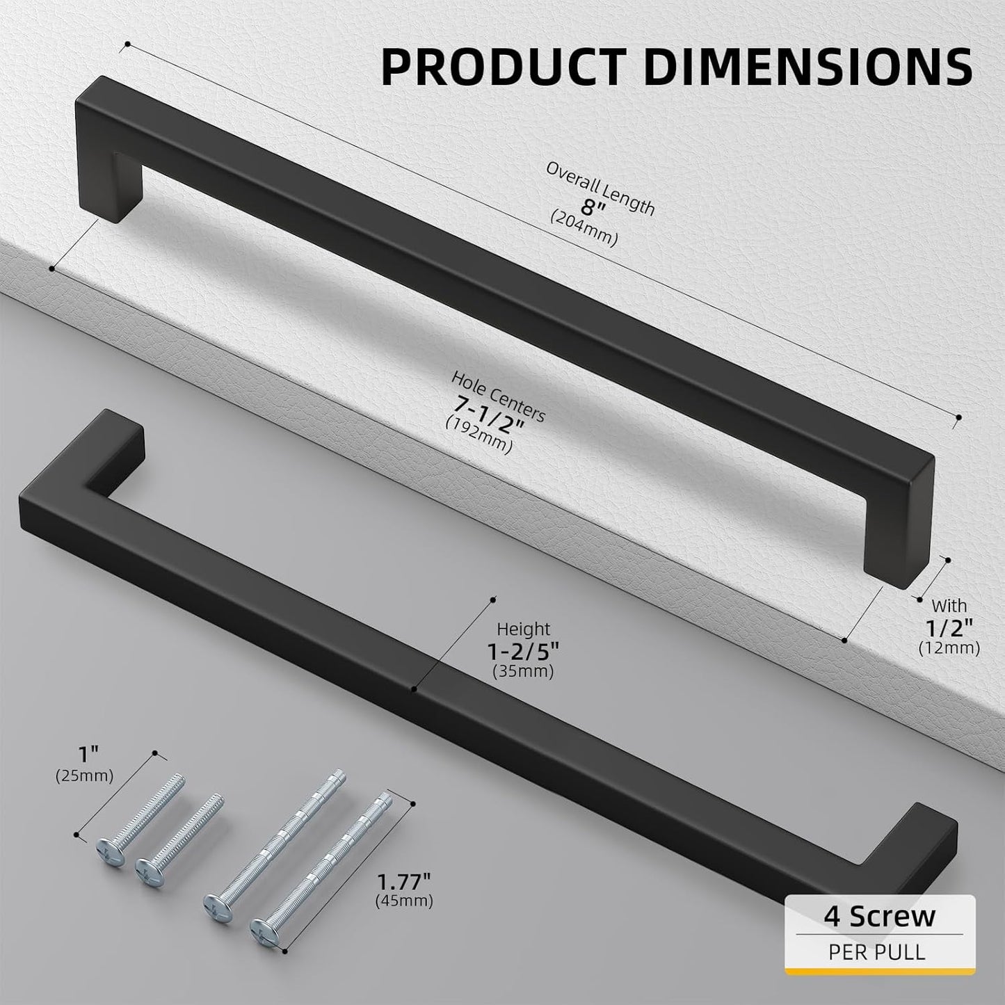 goldenwarm 150 Pack 7-1/2in Black Square Bar Cabinet Pull Drawer Handle Stainless Steel Modern Hardware for Kitchen and Bathroom Cabinets Cupboard,Center to Center 192mm Matte Black Drawer Pulls