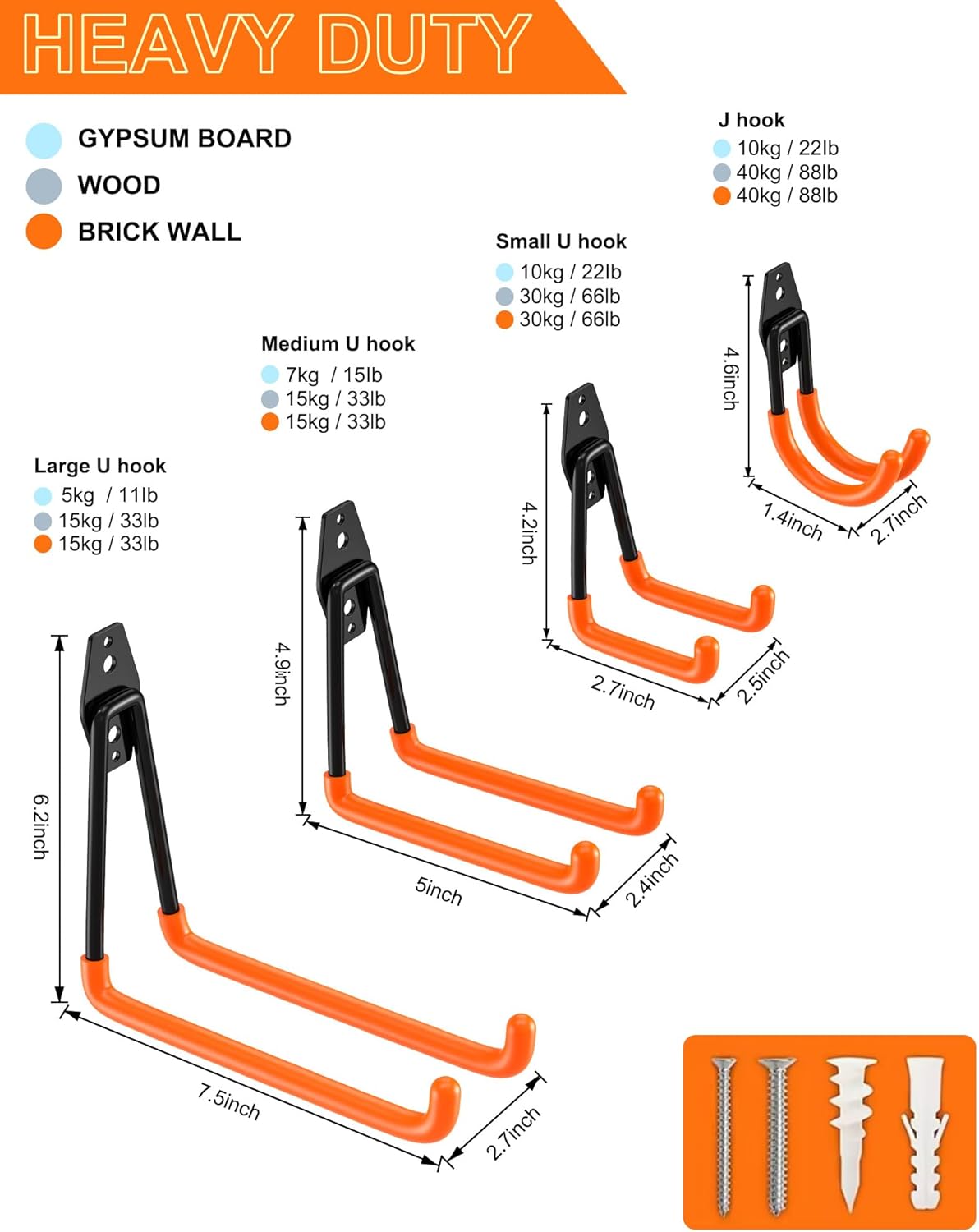QcoQce 15 Pack Garage Hooks Heavy Duty with 2 Extension Cord Straps,Garage Storage Hooks, Wall Mount Hooks, Garage Organization and Tool Hangers for Bike, Ladder, Ropes and Garden Tools(Orange)