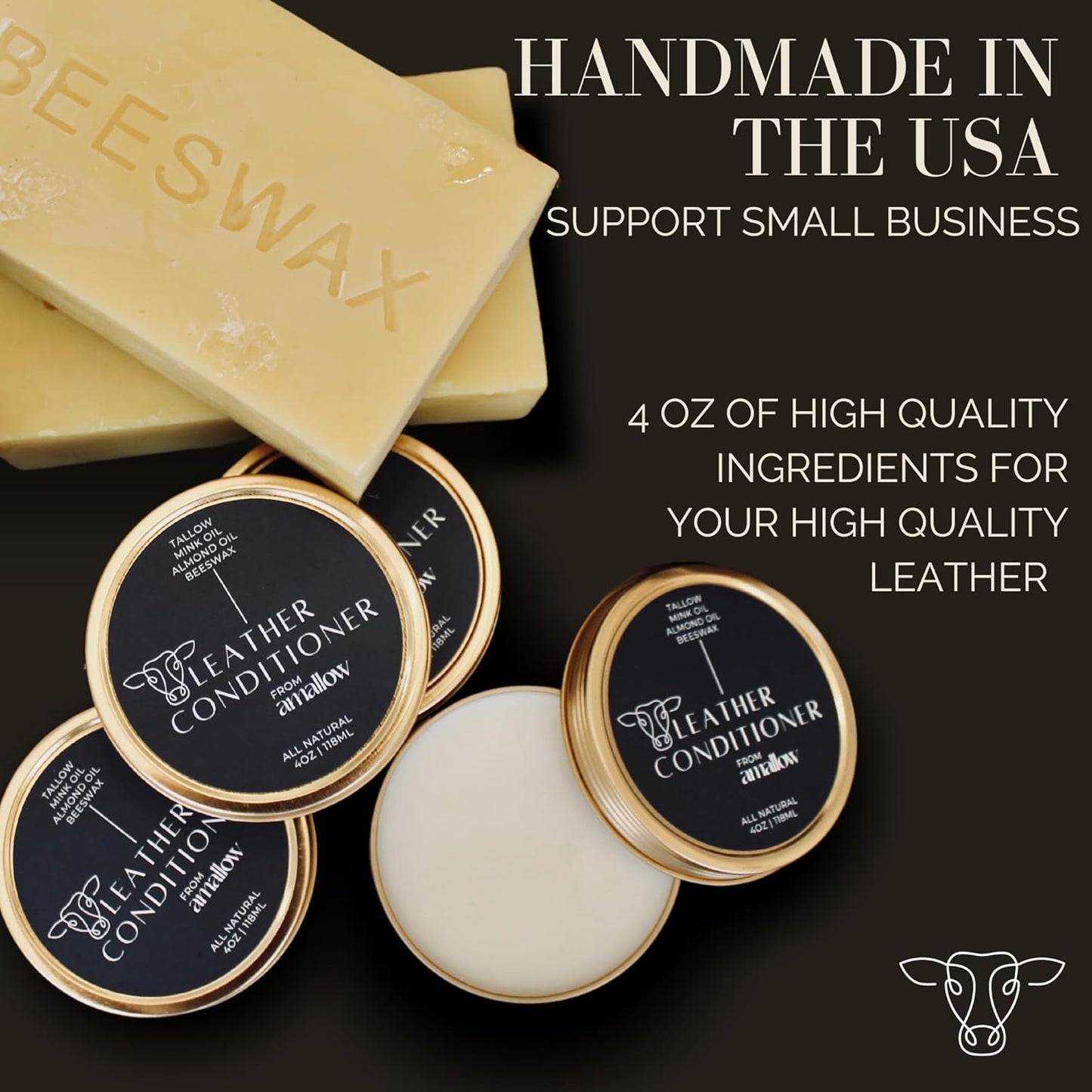 All Natural Leather Conditioner Balm - Made with Mink Oil, Tallow, & Beeswax, Protects, Softens Restores and Waterproofs Leather Shoes, Boots, Bags, Furniture (4 Oz)