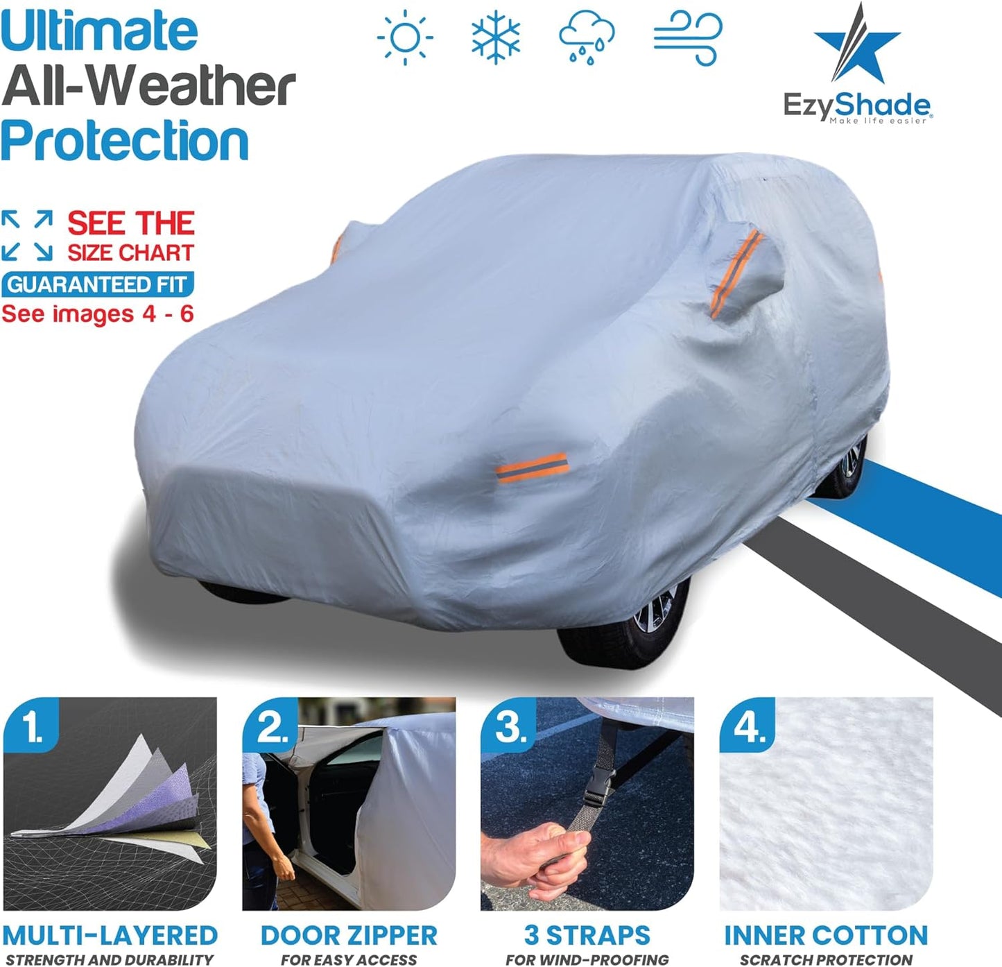 EzyShade 10-Layer SUV Car Cover Waterproof All Weather. See Vehicle Size-Chart for Accurate Fit. Outdoor Full Exterior Covers for Automobiles Heavy Duty Tarp Jeep Rav4 CRV. Size S6 (See SizeChart)