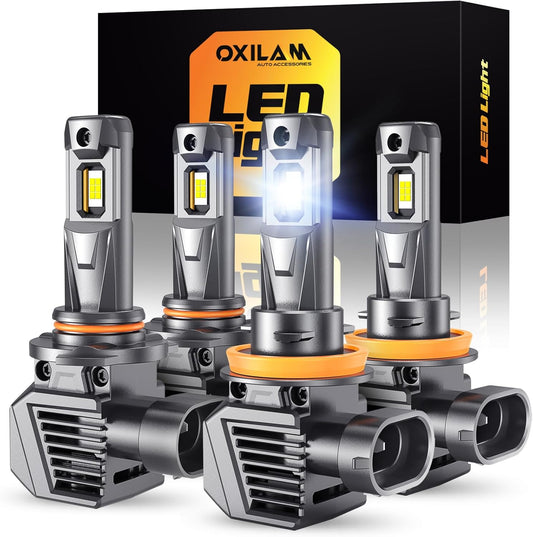 OXILAM M5S H11 9005 Light Bulbs Combo, 80000LM 900% Brighter 6500K Cool White, 9005/HB3 Hi-Beam H11/H9/H8 Lo-Beam Halogen Replacement, IP68 Waterproof, Pack of 4