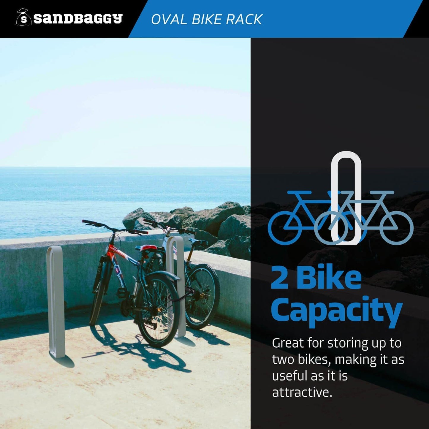 Sandbaggy Modern Commercial Bike Rack | 6.5” x 3” x 35” Oval Design | In-Ground | Anchor Bolts Included (Blue, 2)