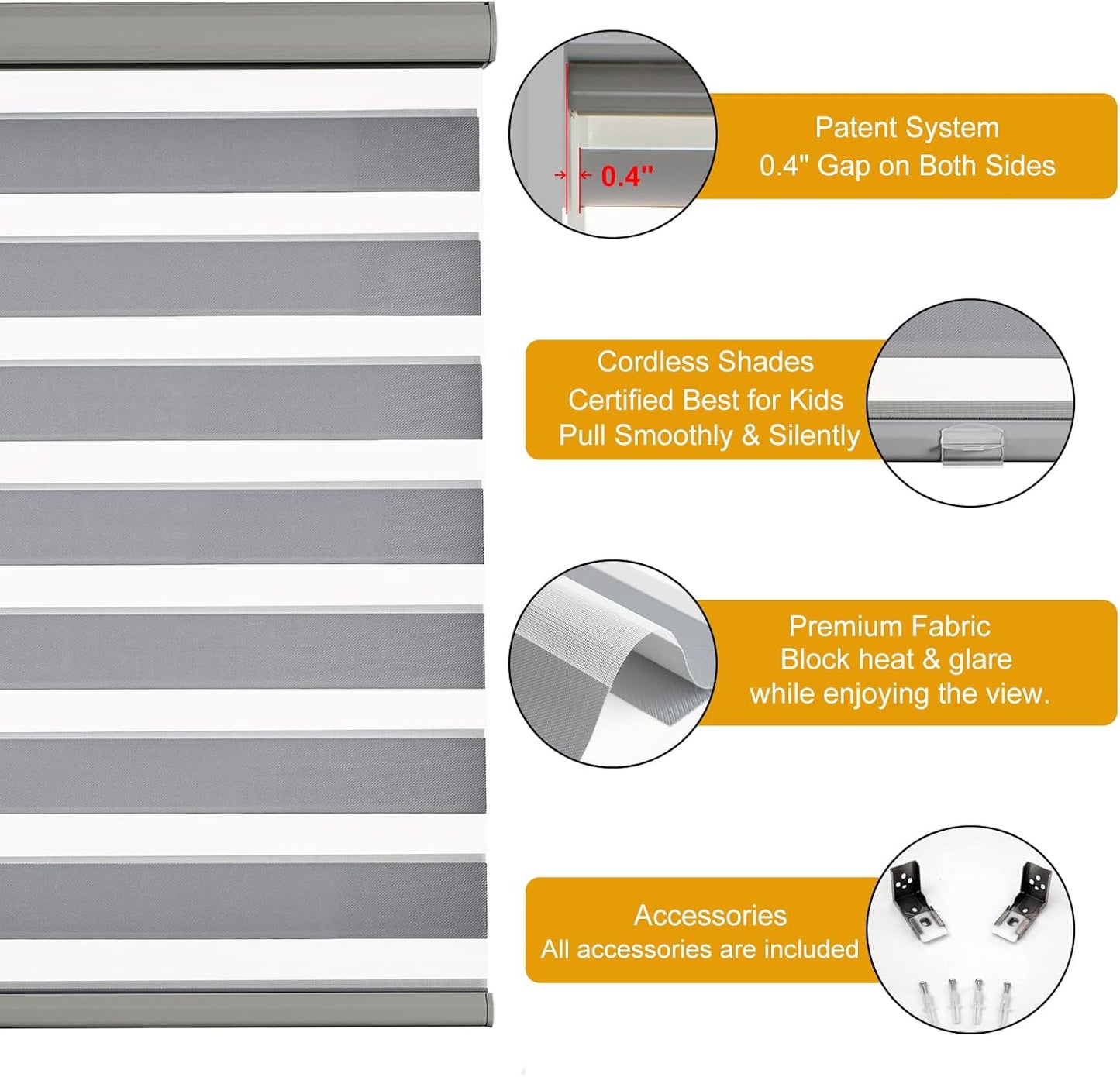 Persilux Cordless Zebra Blinds for Windows (47" W X 47" H, Grey) Free-Stop Roller Windows Shades Dual Layer Light Control for Day and Night, Light Filtering Sheer Shades for Home, Easy to Install