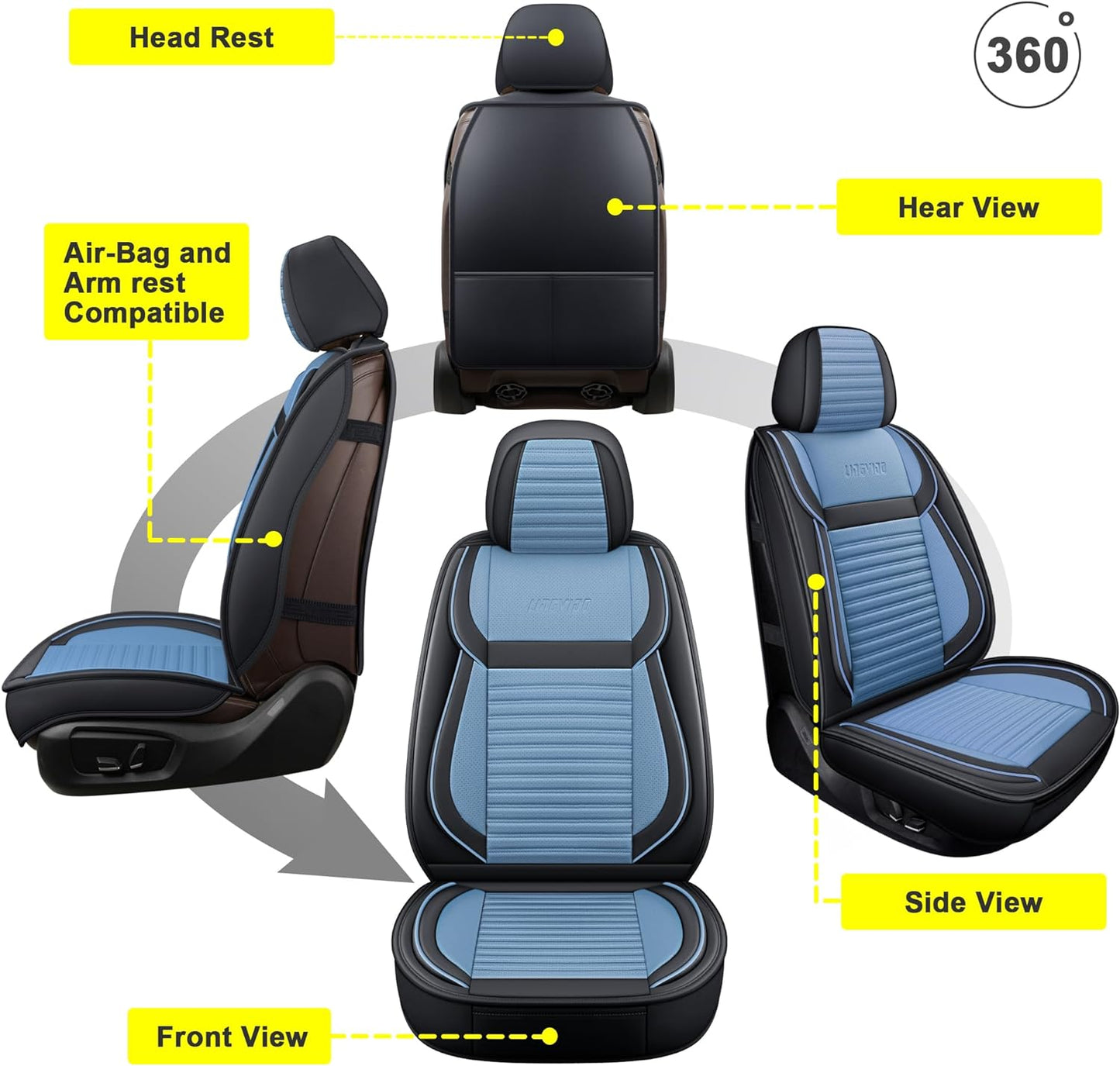 LINGVIDO Car Seat Covers, Breathable and Waterproof Faux Leather Automotive Seat Covers for Cars SUV Truck Sedan,Universal Anti-Slip Seat Cover with Backrest (Full Set, Light Blue & Black)