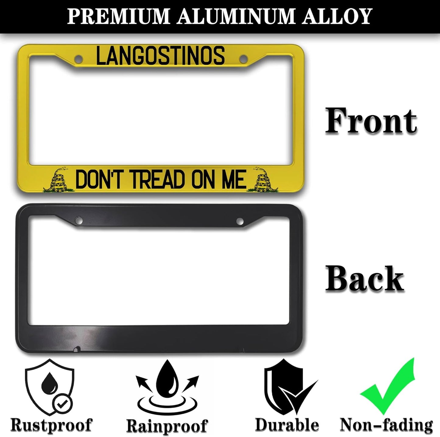 License Plate Cover Yellow Black License Plate Frames Langostinos Don’t Tread on Me Universal Aluminum Car Accessory 2 Pack with Screw Covers Set