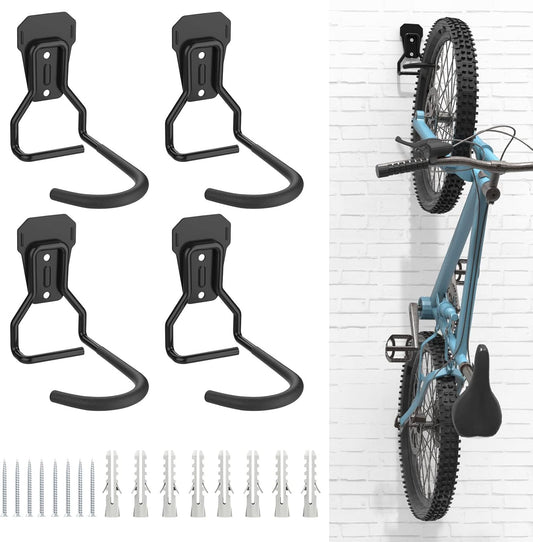 Bike Wall Mount with Fixed Hook, [4 Pack] Heavy Duty Bike Storage Rack, Bike Rack Vertical Stand for Garage - Easily Hang/Detach - with Screws Iron Bike Hanger Brackets