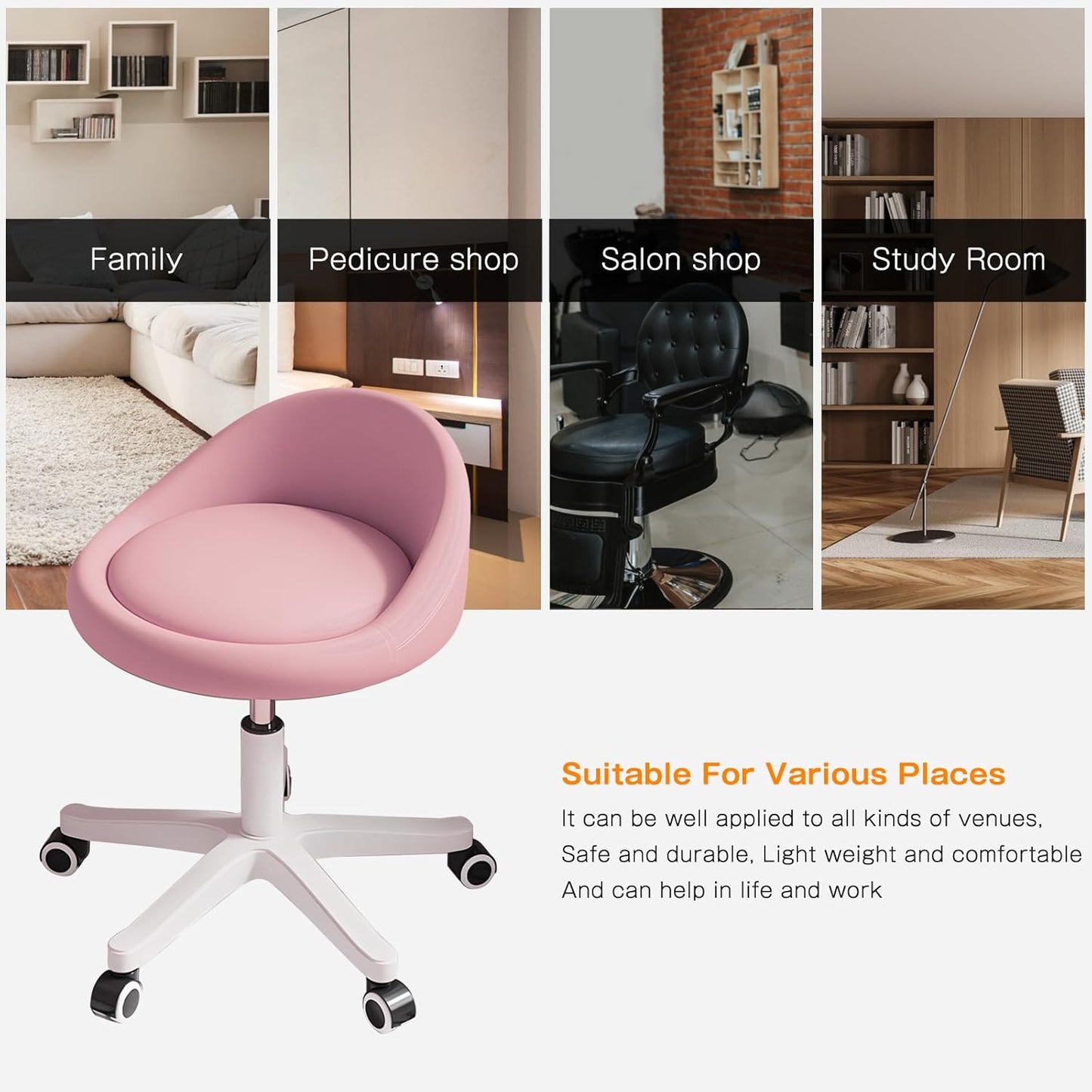 Rolling Stool Set of 6 Rolling Hydraulic Salon Stool with Low Backrest - Adjustable Swivel Chair for SPA, Shop, Salon, Massage, or Medical Office Pink