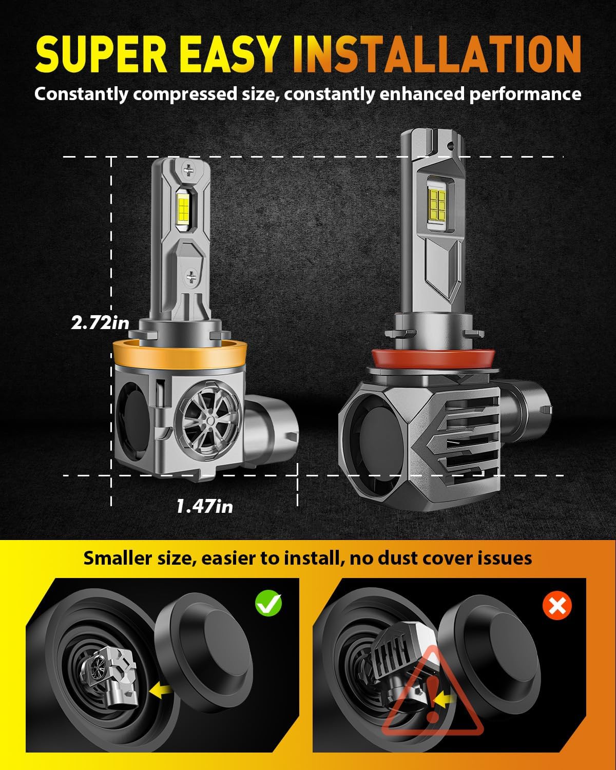 Upgraded H11/H9 Light Bulbs, 60000LM 1000% Super Brightness, 70000+ Hours Service Life, 1:1 Halogen Mini Size H11/H8/H16 Fog Light Bulb, 6500K White, Plug and Play, Canbus Ready, Pack of 2