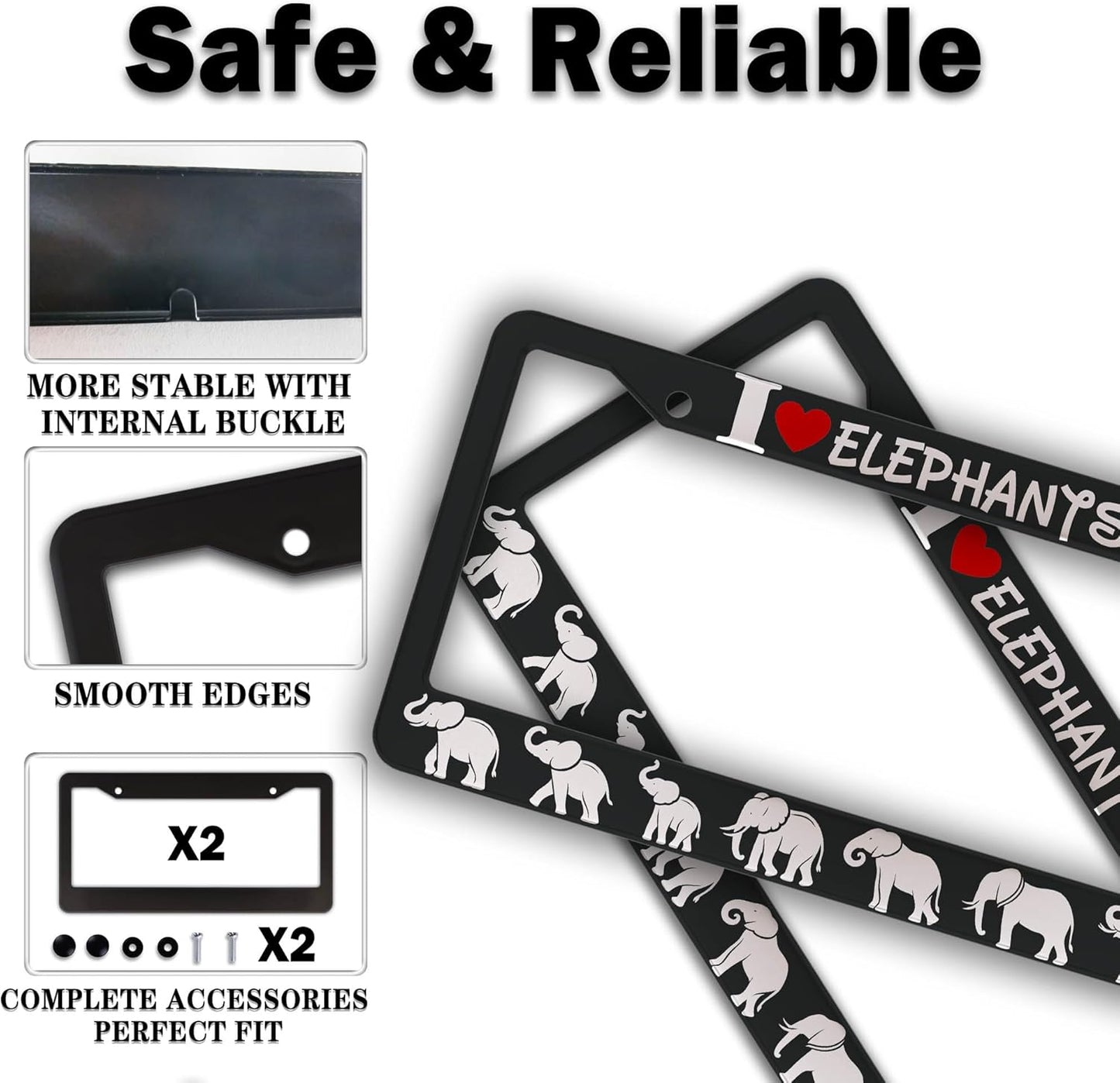 License Plate Frames Black and White Fun License Plate Frame Cover I Love Elephants Universal Aluminum Car Accessory 2 Pack with Screw Covers Set