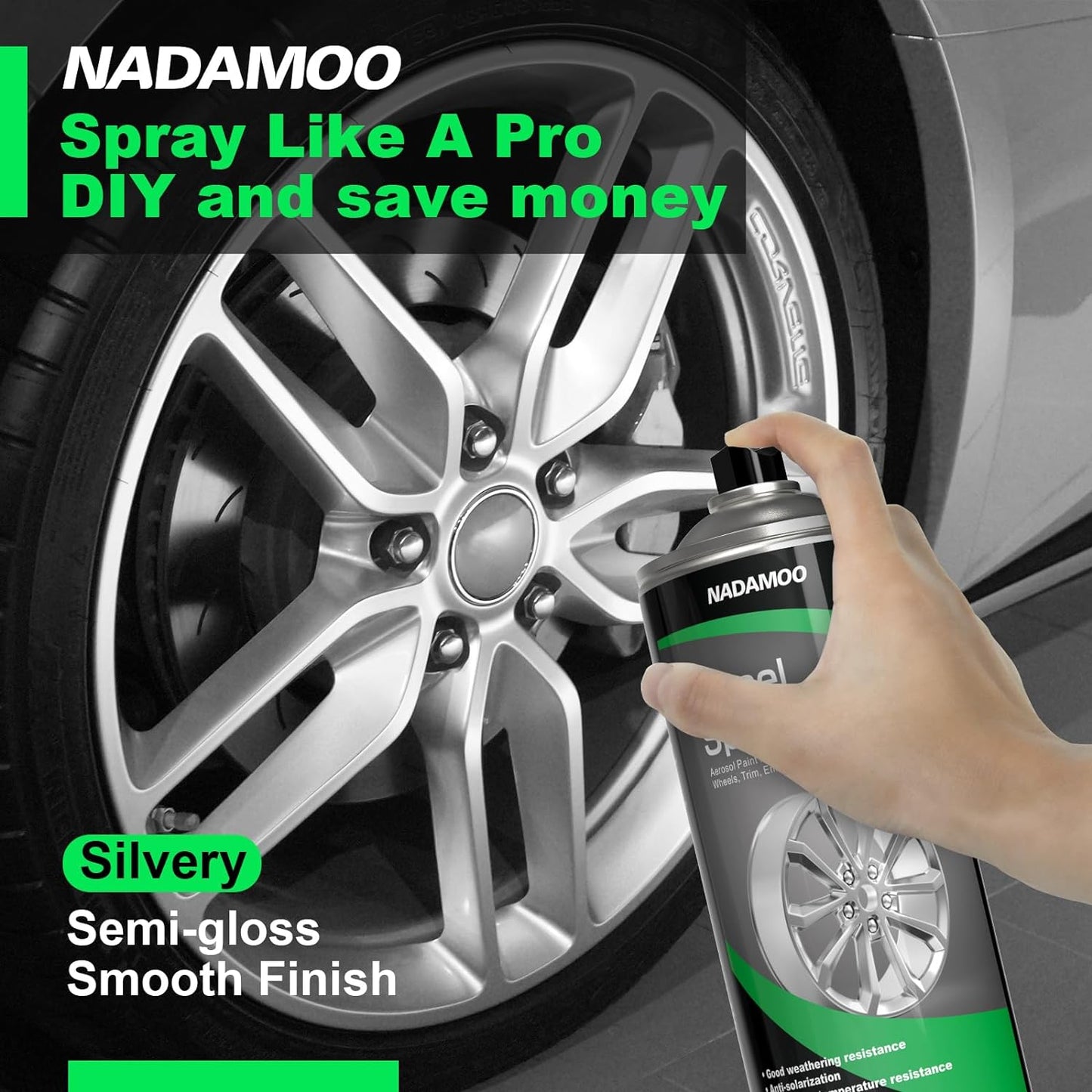 NADAMOO Aluminum Wheel Spray Paint, Semi-gloss Aerosol Car Rim Paint for Recolor and Protection of Metal Surface, Silver, 4 Cans, 13 Oz Per Can