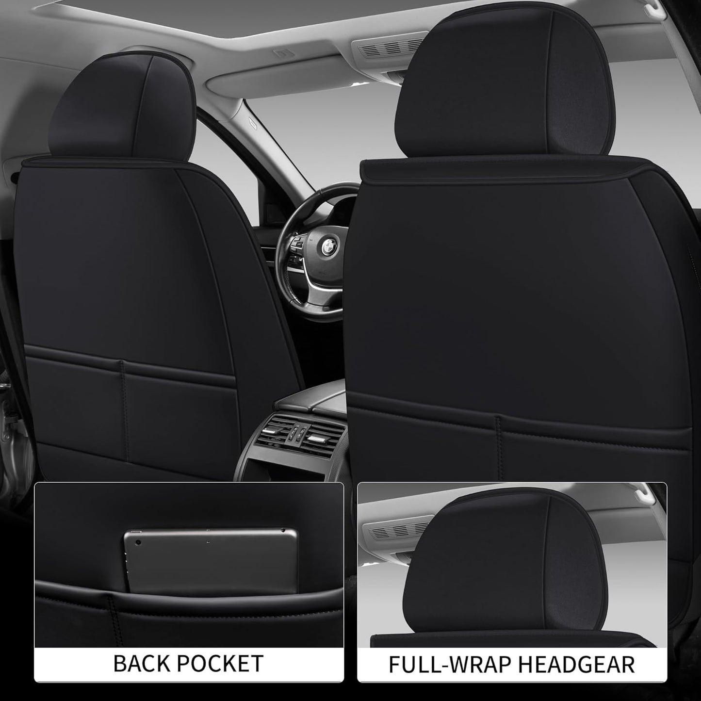 Car Seat Covers Full Set, Black Seat Cover for Cars Compatible Airbag, Easy Install Luxury Leather Automotive Seat Covers with Lumbar Support, for Car, Truck, SUV, Black