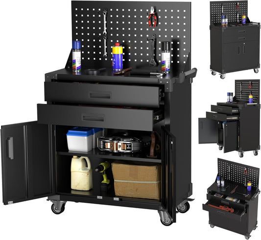 Black Tool Cart with Pegboard and 4 Hooks,Garage Storage Cabinet on Wheels with 2 Drawer,Industrial Service Utility Tool Cart for Mechanics, Garage, Workshop