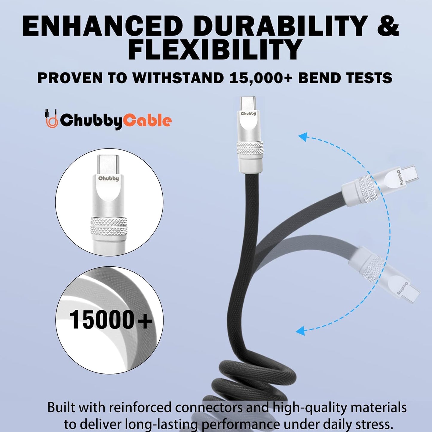 chubbycable Curly Chubby - Retractable Fast Charging Cable 240W Coiled Charger Cord for Car Durable USB-C Cable for Phones, Tablets and More, Black, Type-C to Type-C, 1.3FT-2.3FT