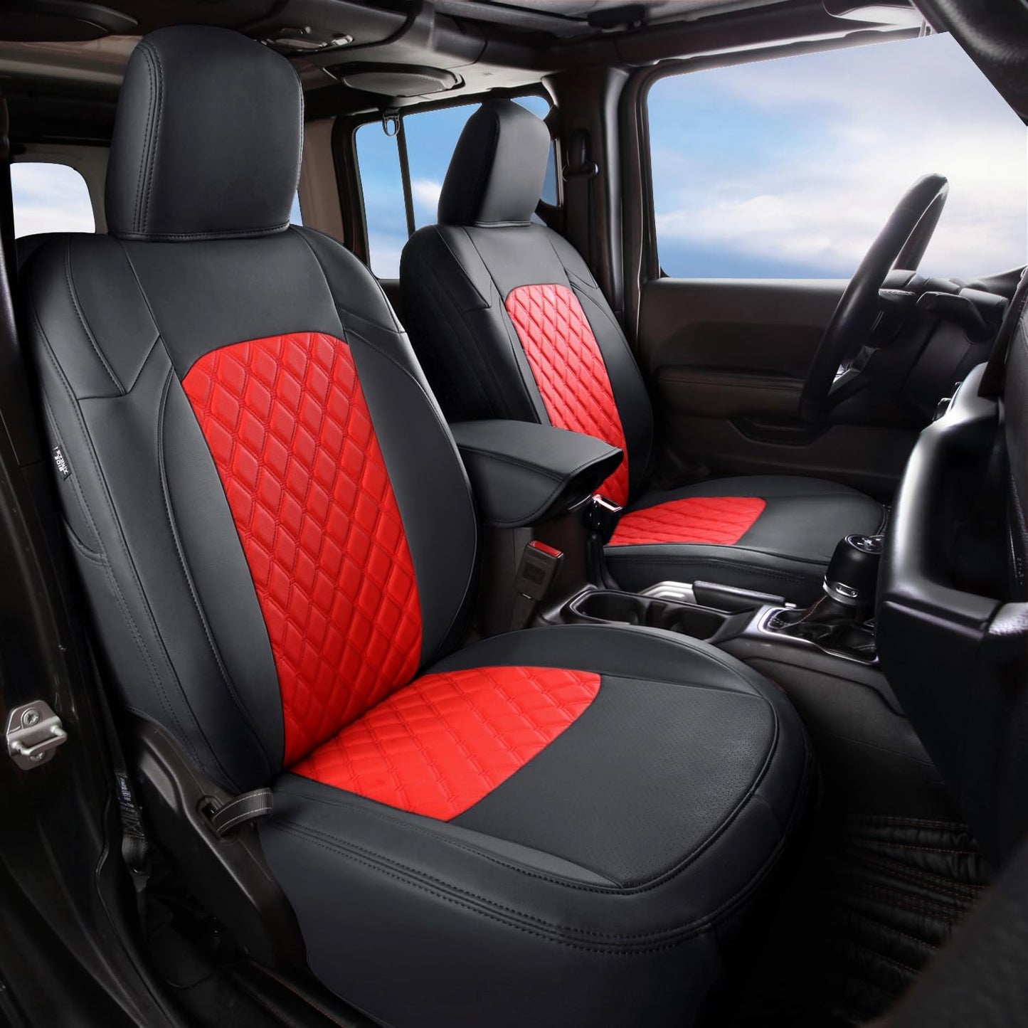 GIANT PANDA Fit Full Set Car Seat Covers for Jeep Wrangler 4 Door JL Sahara Altitude Rubicon 392 Unlimited 2018 2019 2020 2021 2022 2023 2024 2025 with Rear Cup Holder,Faux Leather - (Black+Red)
