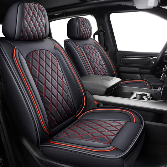 MIROZO Front Ram Seat Covers,2PCS Leather Dodge Ram Seat Covers Compatible with 2009-2025 RAM 1500 2500 3500 Truck Pickup Crew Quad Cab (2PCS Front,Black and Red)