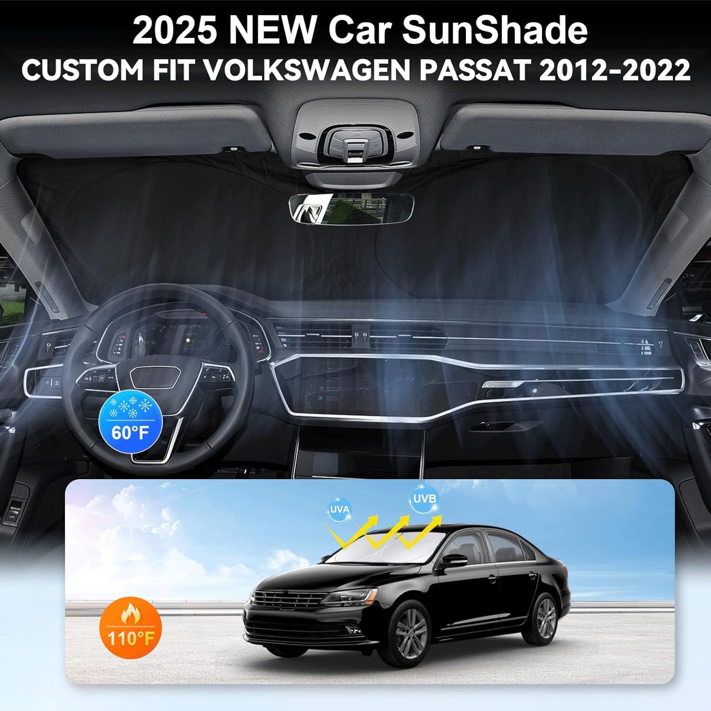Custom Fit Passat Windshield Sunshade for 2012-2022 Volkswagen VW Passat Accessories Front Window Shield 210T Silver Coating Cover for Volkswagen Windshield Sun Visor Protector Blocks UV Keeps Cool