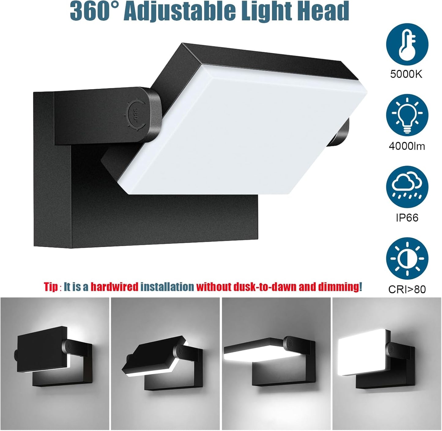 40W Outdoor Flood Light, 5000K 360° Rotating LED Wall Light, IP66 Waterproof Square Exterior Wall Pack Wall Mount Fixture Commercial Security Lighting for Garage House (8 Pack)