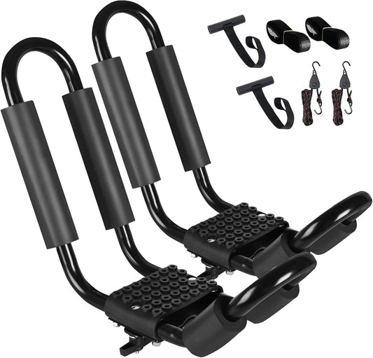 FORWODE Heavy Duty Kayak Roof Rack, 1 Pair J-Bar Kayak Rack with 2 Ratchet Tie, 2 S-Hook Ratchet Straps, 2 Anchor Belts for Kayak Canoe Boat Surf Ski on SUV Car Truck Crossbar