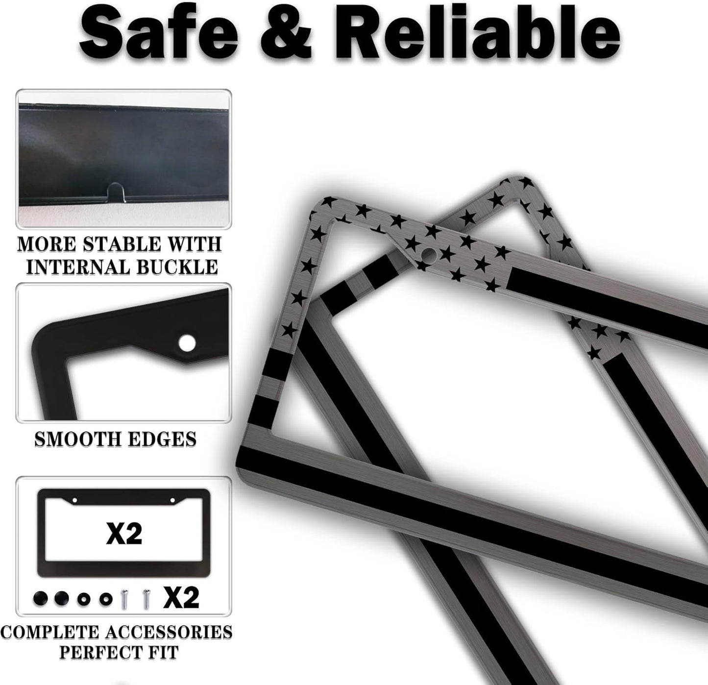 License Plate Frames Metal License Plate Frame American Flag Stainless Steel Texture Universal Aluminum Car Accessory 2 Pack with Screw Covers Set