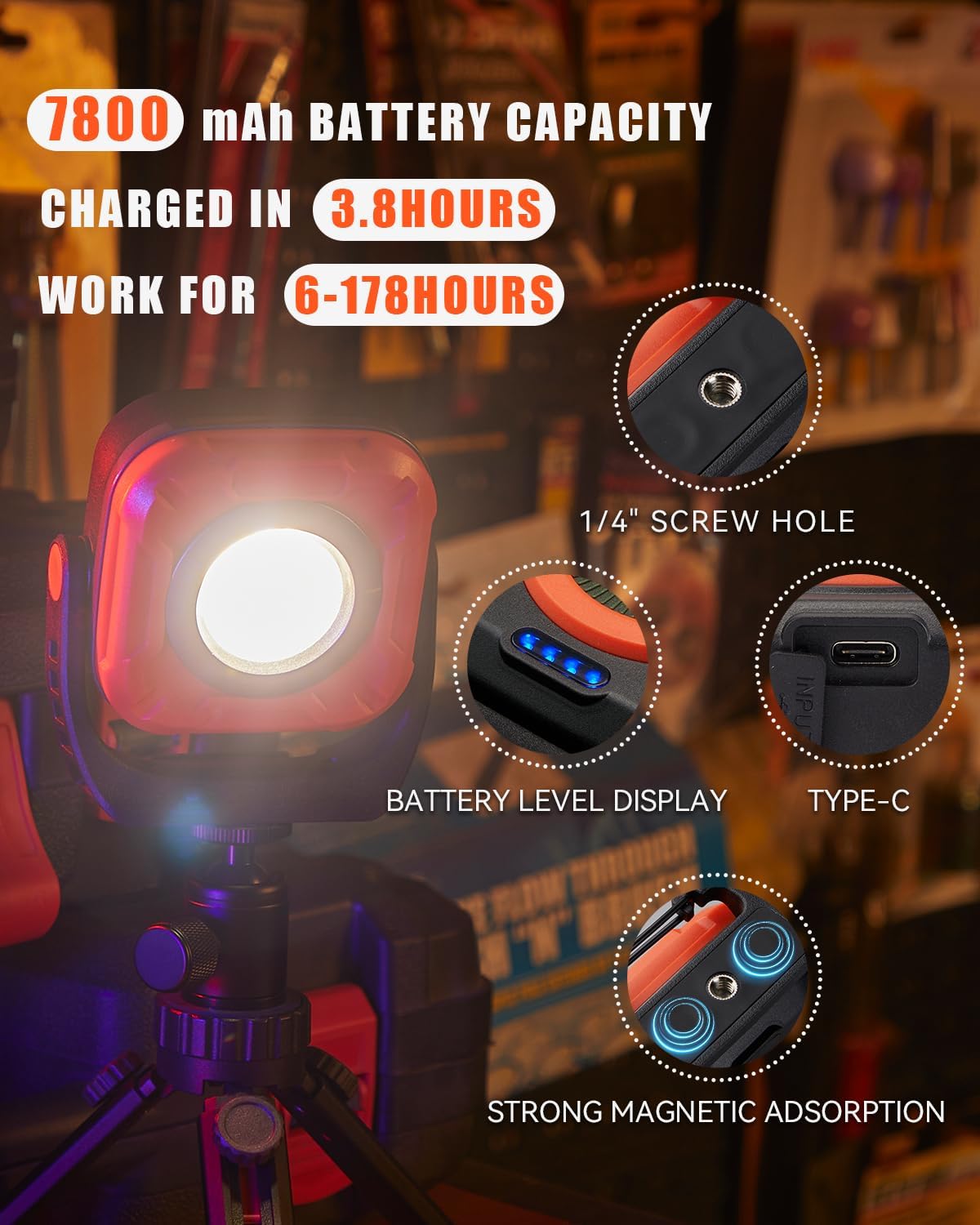 SUNREI 1300LM LED Magnetic Work Light with Stepless Dimming, 7800mAh COB Mechanic Flashlight, IPX65 Recharge Floodlight with Hook, 300° Rotate Job Site Lighting for Car Repairing, Camping, Working