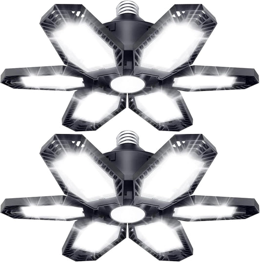 TANBABY 2 Pack LED Garage Lights, 150W Deformable Best Ceiling Shop Lights, 15000LM LED Light 6500K Garage Lighting with 6+1 Adjustable Panels Bulb for Basement