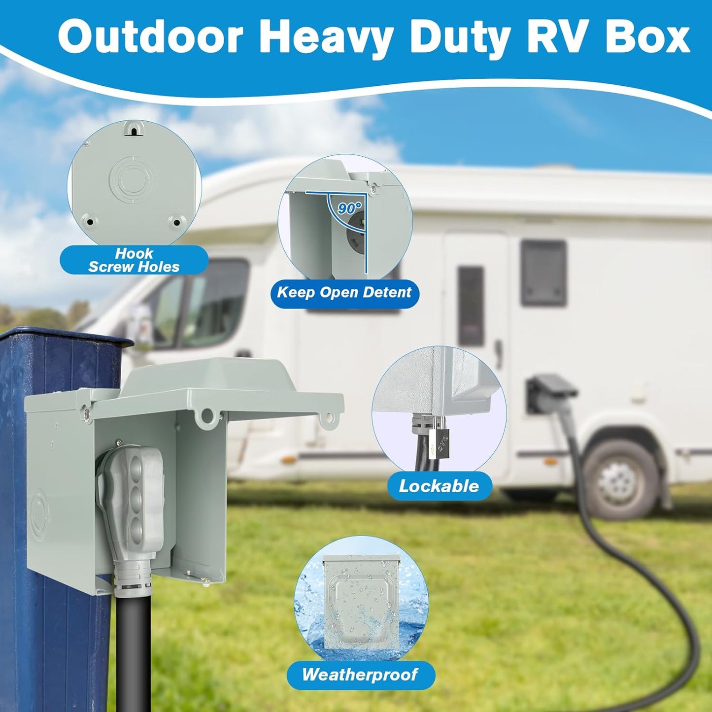 30 Amp RV Power Outlet Box, 125 Volt NEMA TT-30R Receptacle, Lockable Enclosed Outdoor Plug, Electrical Receptacle Panel, Weatherproof Temporary Hookup for RV Camper Car Travel Generator