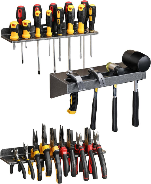 Wall Mount Screwdriver Organizer, Pliers Holder, Hammer Rack, 3PCS Alloy Steel Hand Tool Storage Organizer for Garage Workshop
