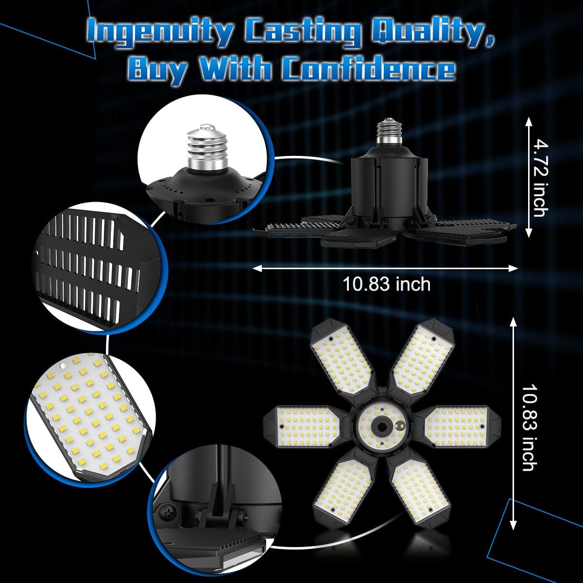 Garage Light Bulbs - Garage Lights Led Screw into Bulb Socket with 6 Deformable Panels 6500K Basement Light Fixture E26 Base Led Shop Lights for Basement Workshop Warehouse Attic - 4Pack