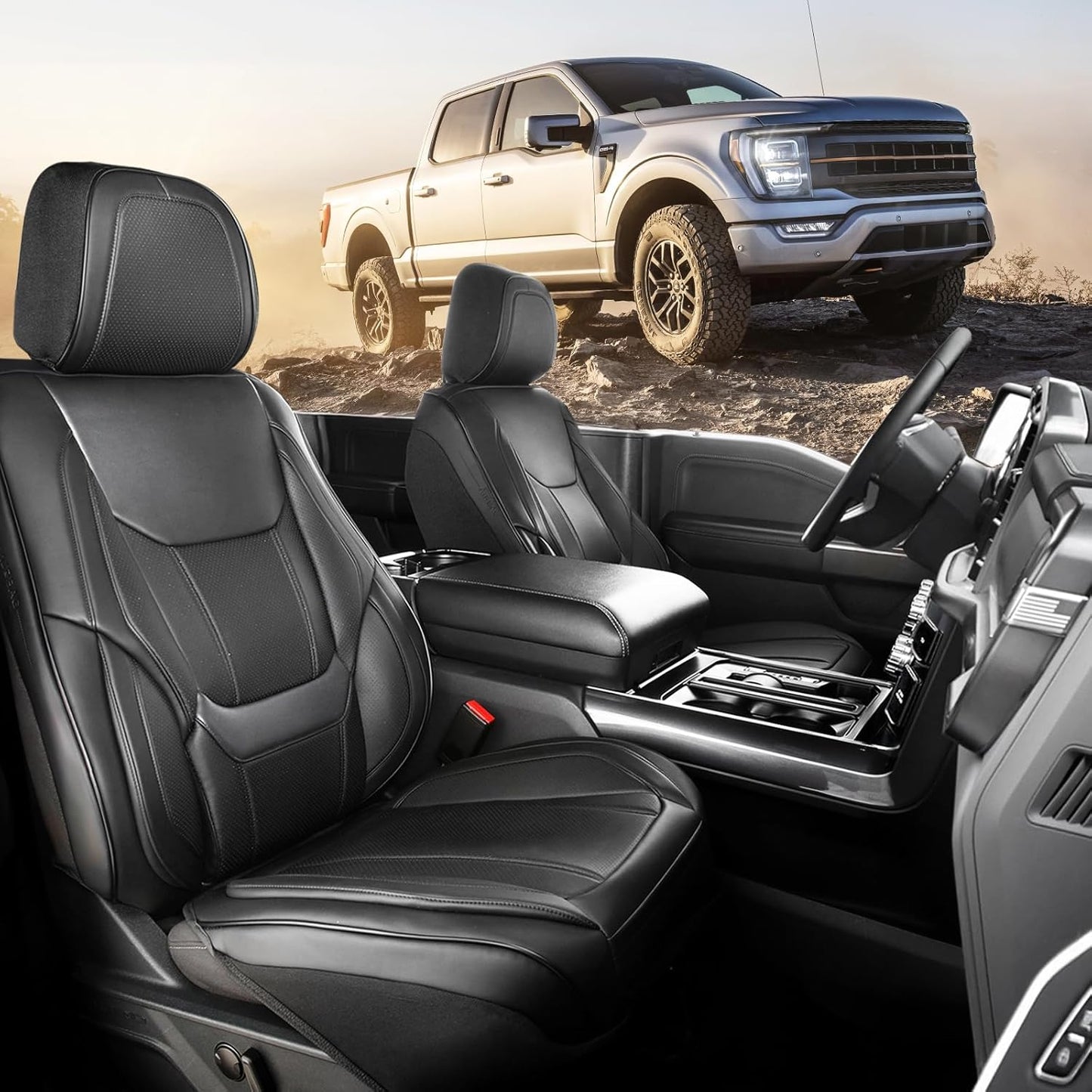 Coverland Custom Car Seat Covers Compatible with Titan, Tundra - Premium Leather Non-Slip Memory Foam Waterproof Cover Custom Fit Interior Protector Front Seat-Black [See Size Chart-Size A14]