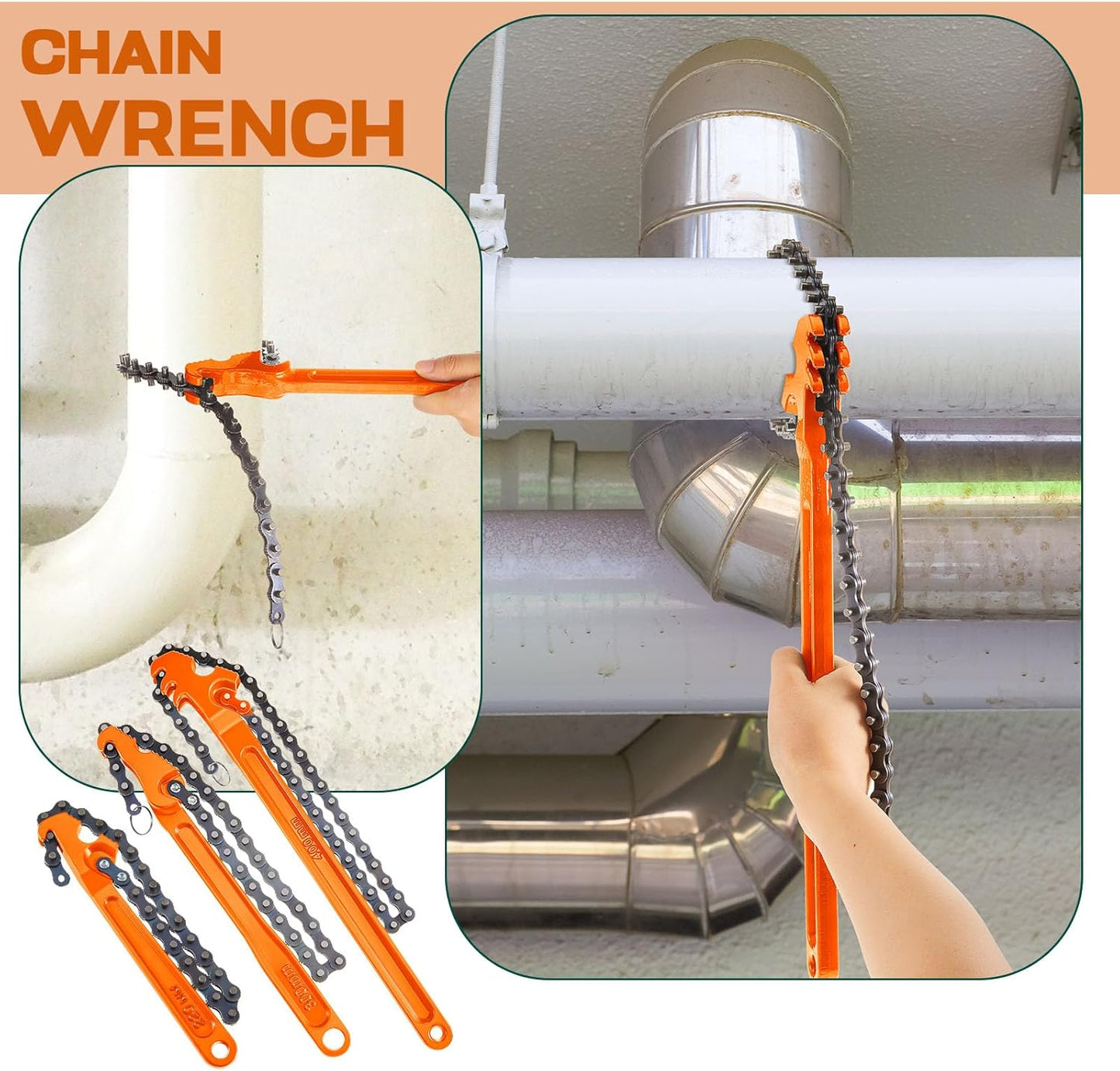 Lasnten 3 Pcs Large Reversible Chain Oil Filter Wrench with 12 16 9 Inch Chain Wrench Adjustable Heavy Duty Carbon Steel Sturdy Pipe Fitting Tool Spanner for Ratcheting Universal(Orange)