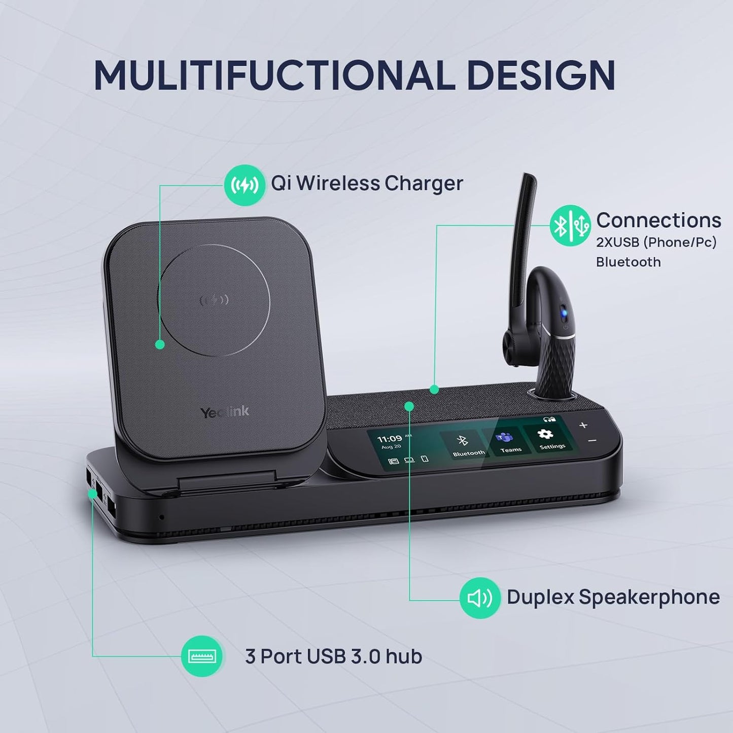 Yealink BH71 Bluetooth Headset Workstation, Office Wireless Headset with Noise Canceling Mic, Speakerphone, Wireless Charging Pad, Charging Case, Connect to Desk Phone, PC, Work with Teams Zoom