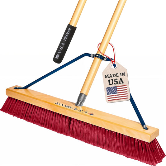 24" Everyday Sweep Indoor/Outdoor Push Broom with 60" Handle. Ideal for Garages & Shops. Durable American Made Steel Brackets-All Stainless Steel Hardware. No Plastic. 100% Made in The USA.