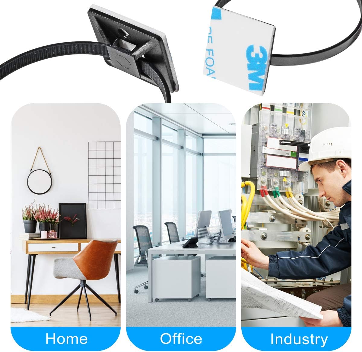 200pcs 3/4" 3M Back-Glue Self Adhesive White Strong Cable Zip Tie Mounts with 8" Ties, Screws, Outdoor Sticky Wire Fasteners Cable Clips Management Anchors Organizer Holders Squares