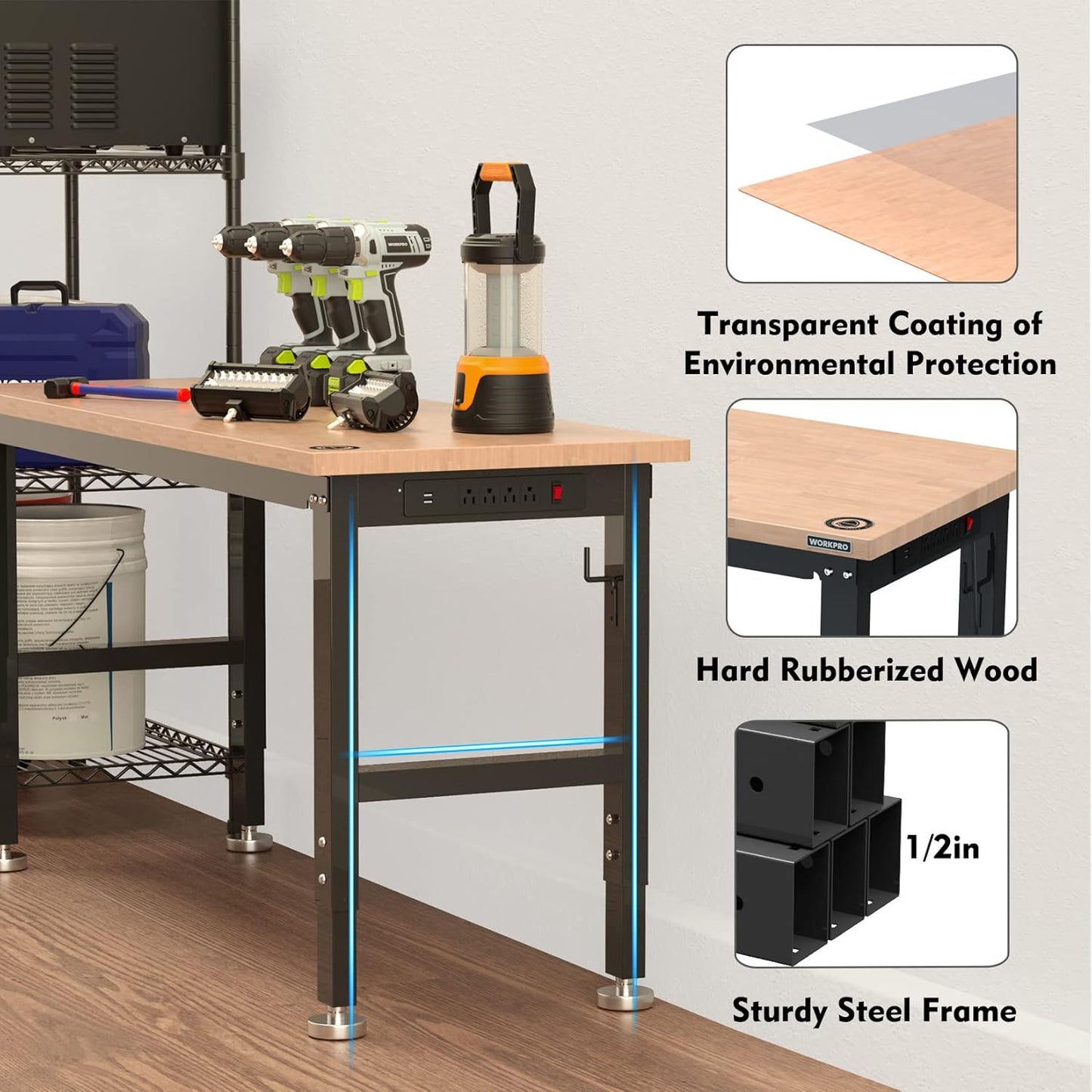 WORKPRO 60" Adjustable Workbench, Rubber Wood Top Heavy-Duty Workstation, 2000 LBS Load Capacity Hardwood Worktable with Power Outlets, for Workshop, Garage