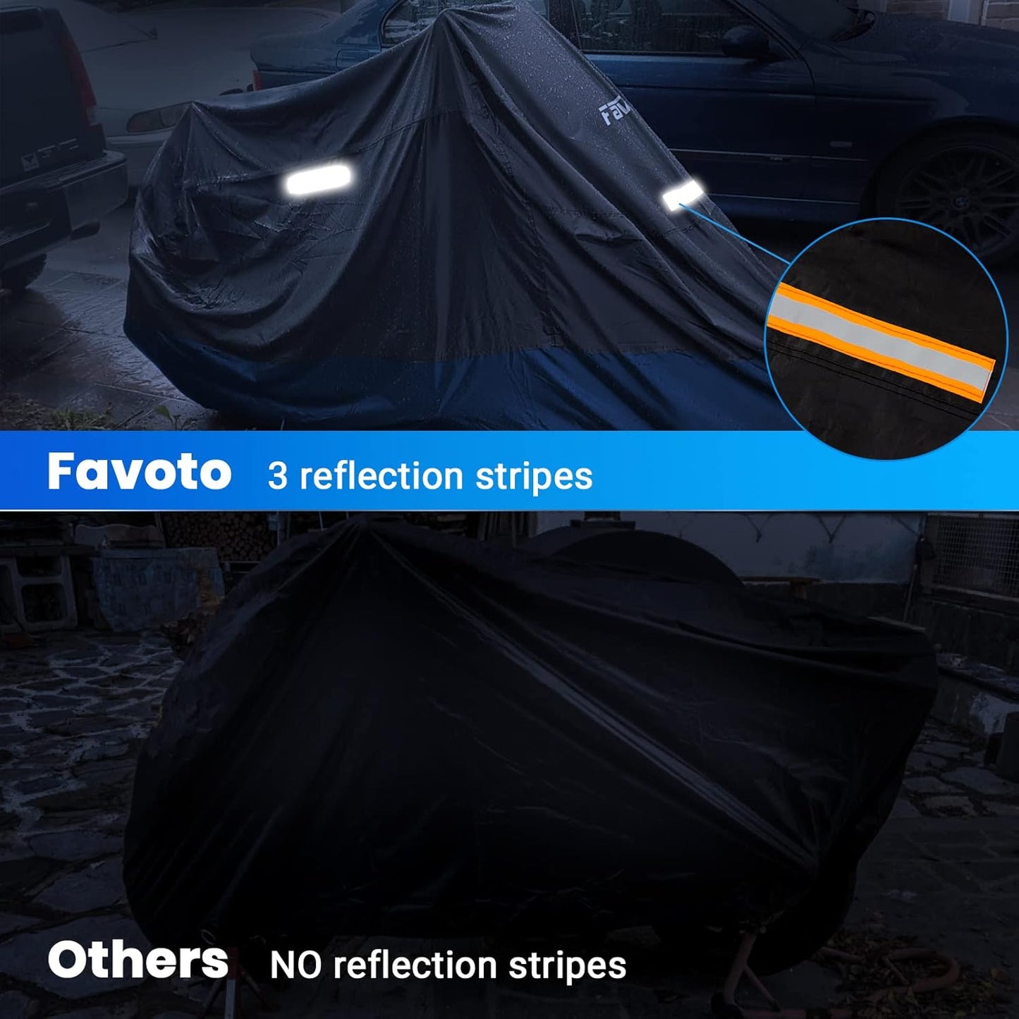 Favoto Motorcycle Cover Waterproof Outdoor - Universal Fit Motorbike Cover with 3 Night Reflectors Lock-Hole Carrying Bag Windproof Dustproof Rain Sun Protection (116 inch Length)