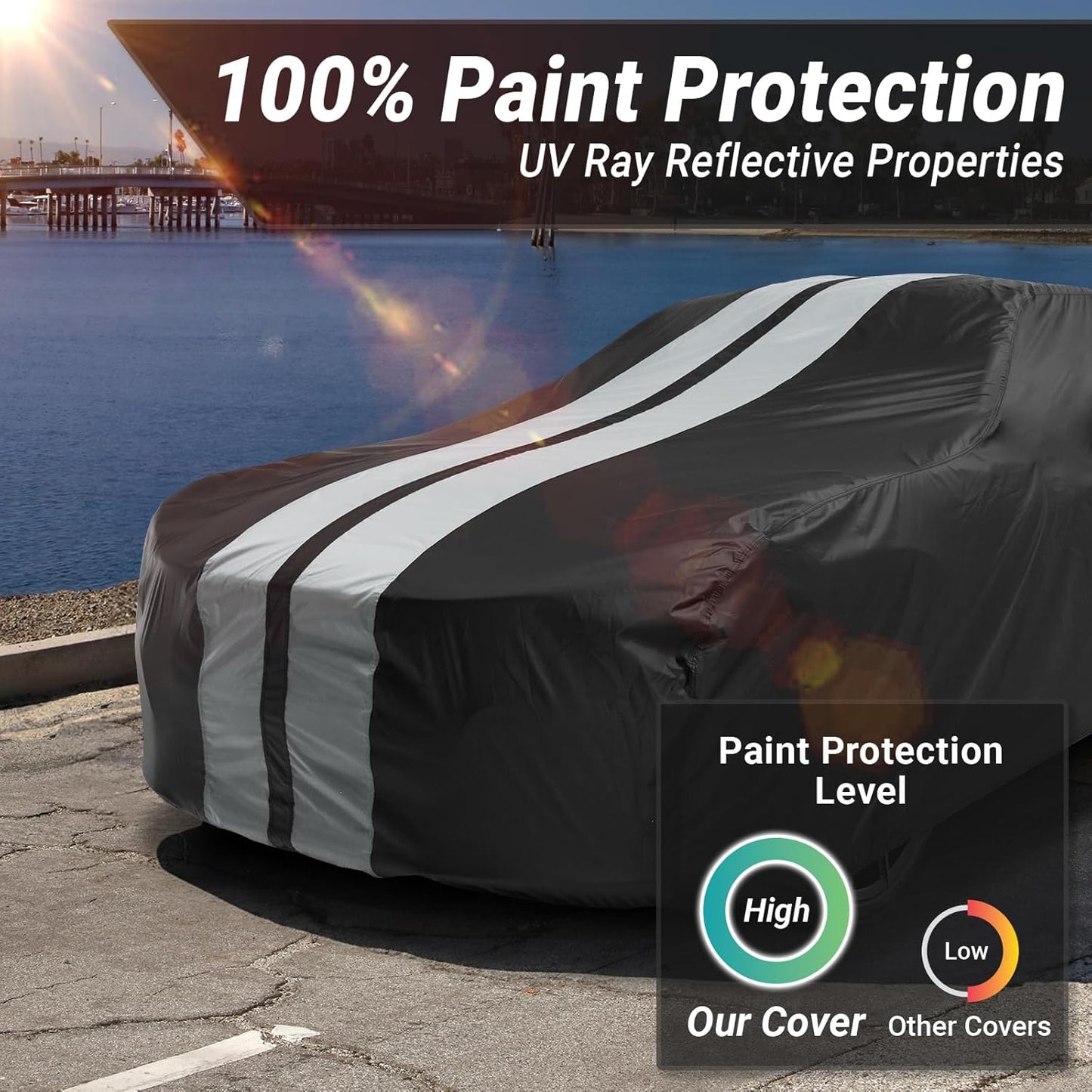 iCarCover Custom Car Cover Compatible with Mustang 1969-1973, Waterproof All Weather Rain Snow UV Sun Protector Full Exterior Indoor Outdoor Car Covers, Stripe (Black/Gray)