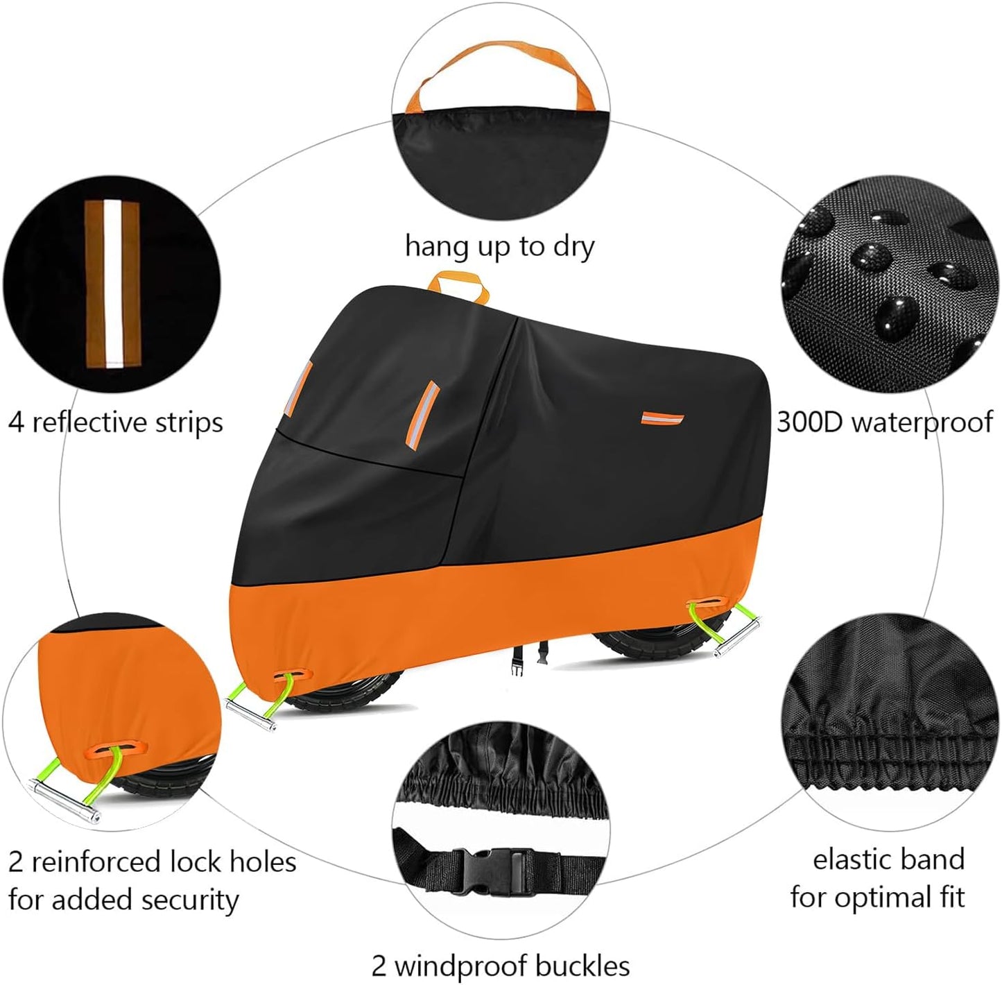 Motorcycle Cover 300D Oxford Motorcycle Covers Waterproof Outdoor Storage Fit up to 110 inch Harley Davidson Sportster Road King Street Glide Honda Goldwing Vulcan Yamaha (4XL: 108" x 37" x 55")