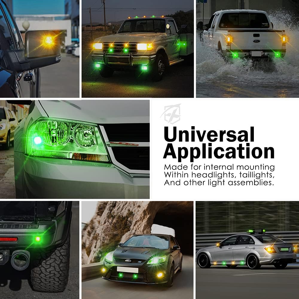 Xprite Amber Green LED Hideaway Strobe Lights Kit 20 Flashing Patterns w/Control Panel Headlights Taillights Fog Light Mounting, for Roadside Emergency Vehicles Trucks SUV Vans Cars 8 PCs