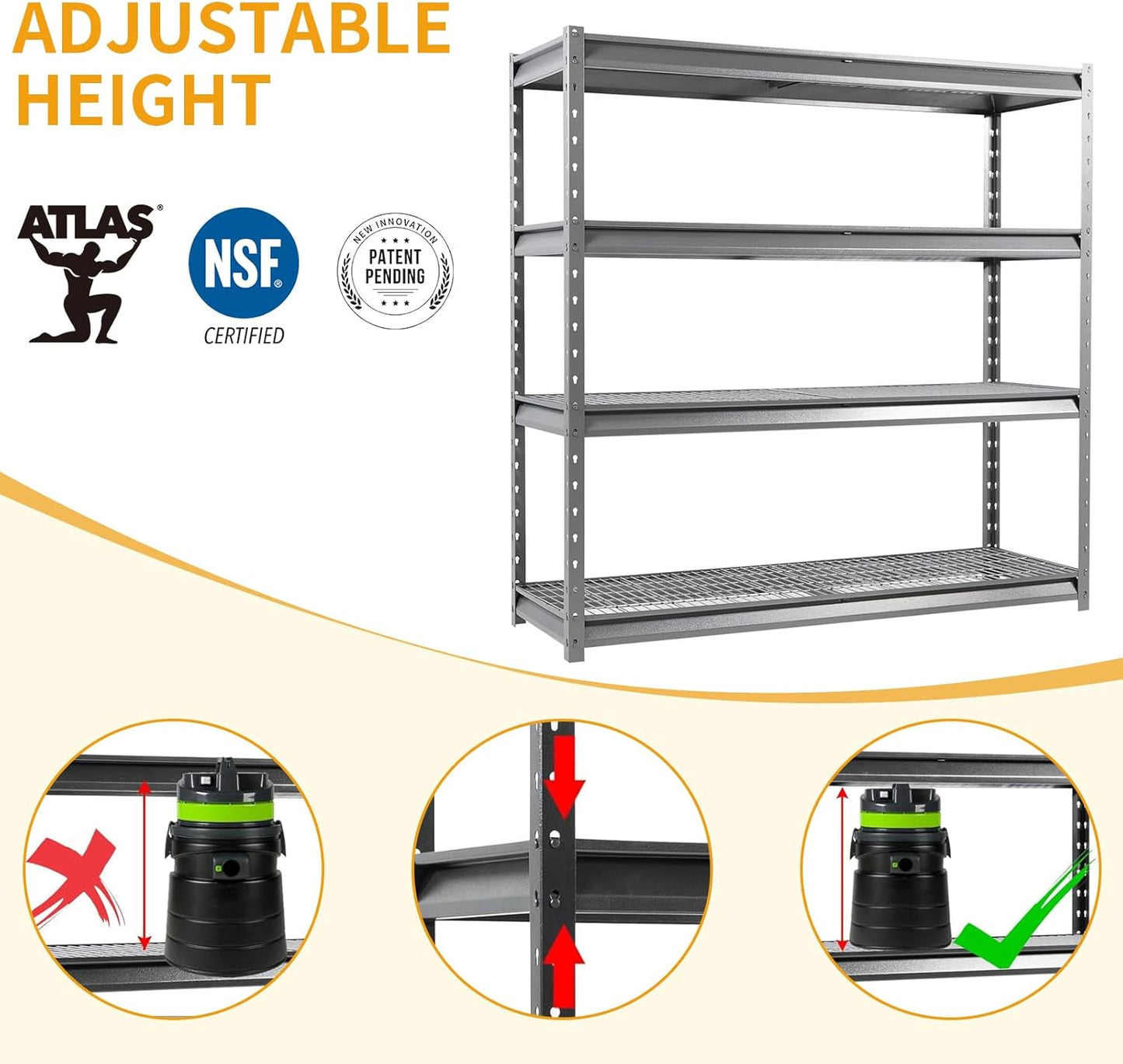 The Atlas 72" W Metal Garage Shelving Unit Load 12000 Lbs, Heavy Duty Storage Rack, Adjustable Industrial Shelves for Warehouse Shop Basement, 72" W x 24" D x 72" H, Grey