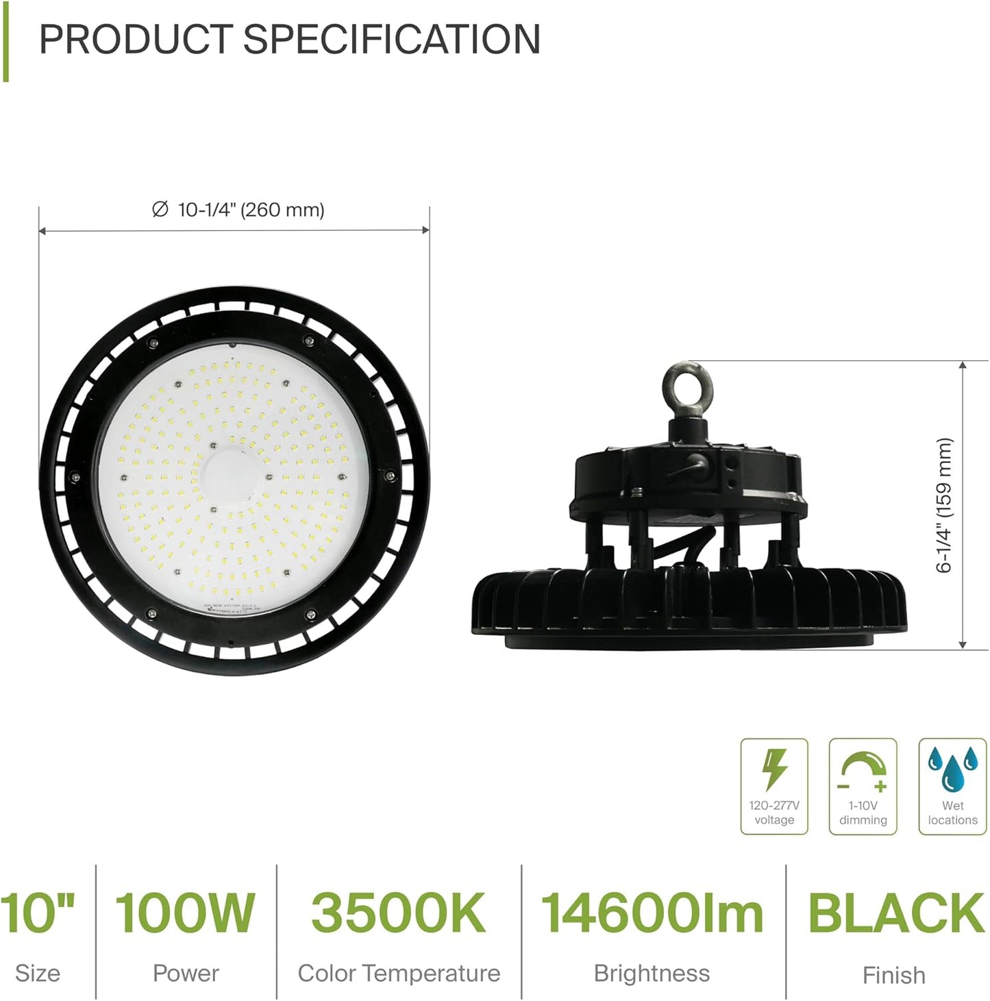 ASD LED High Bay UFO Light Fixture, Commercial Shop Lighting | Dimmable, IP69K Waterproof, DLC Premium, UL Listed | 100W 14600LM 3500K 100-277V | Warehouse, Garage, Workshop, Barn Lamp | Black, 6 Pack