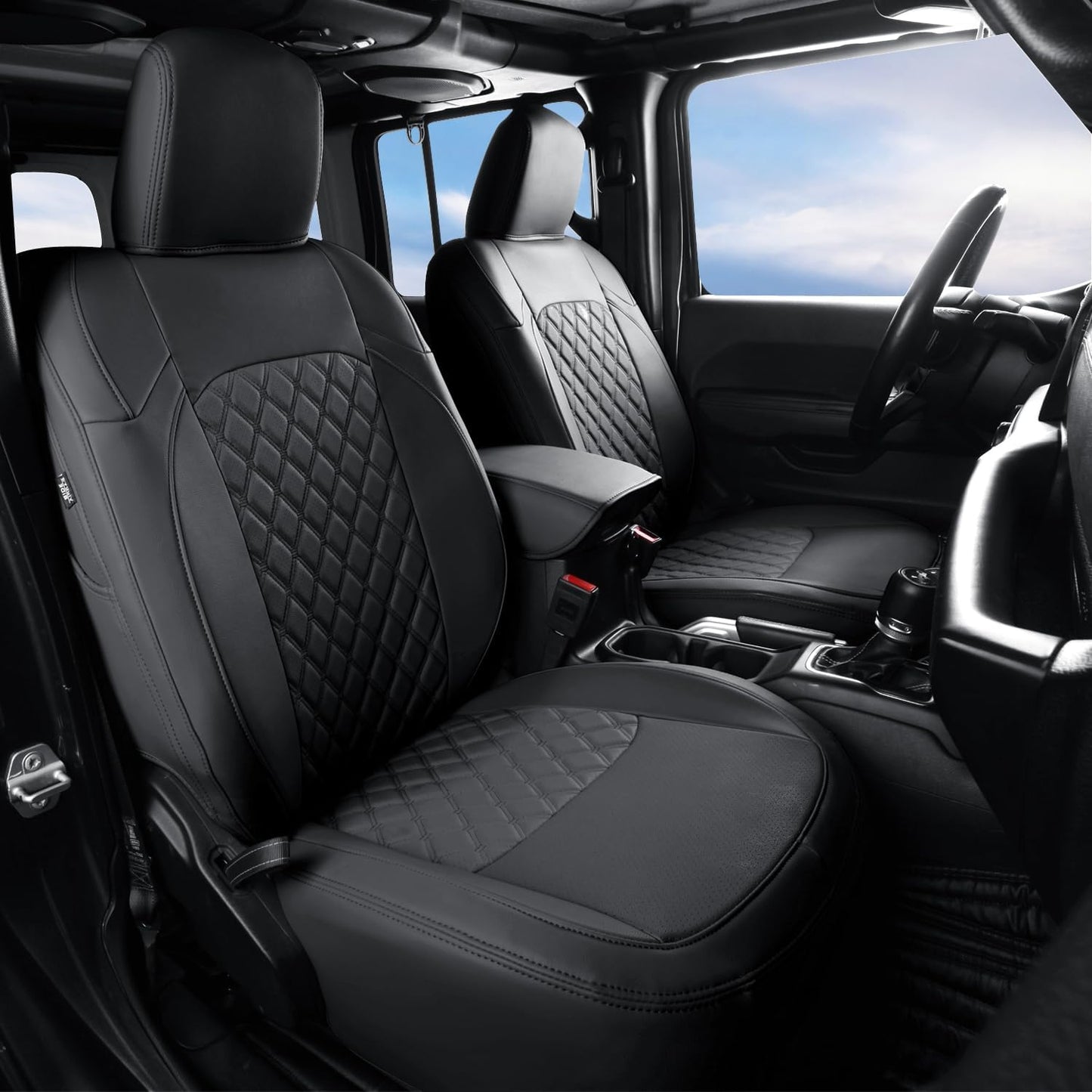 GIANT PANDA Customized Full Set Car Seat Covers for Jeep Wrangler 4 Door JL Sahara Altitude Rubicon 392 Unlimited 2018 2019 2020 2021 2022 2023 2024 2025 with Rear Cup Holder,Faux Leather - (Black)