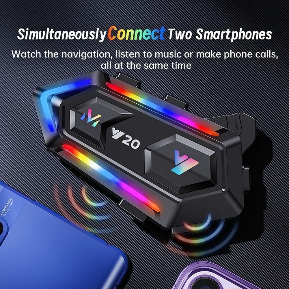 Motorcycle Helmet Bluetooth Headset, Cool RGB Dazzling Lights Motorbike Helmet Speaker Double Noise Cancellation Intercom Communication Systems with IPX6 Waterproof/Strong Bass for Dirt Bike