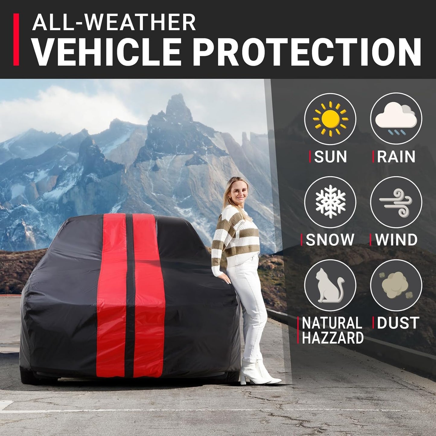 iCarCover Custom Car Cover for Pontiac Phoenix (1977-1979) Waterproof All-Weather Rain Snow UV Sun Protector Full Exterior Indoor Outdoor Car Cover (Stripe - Black/Red)