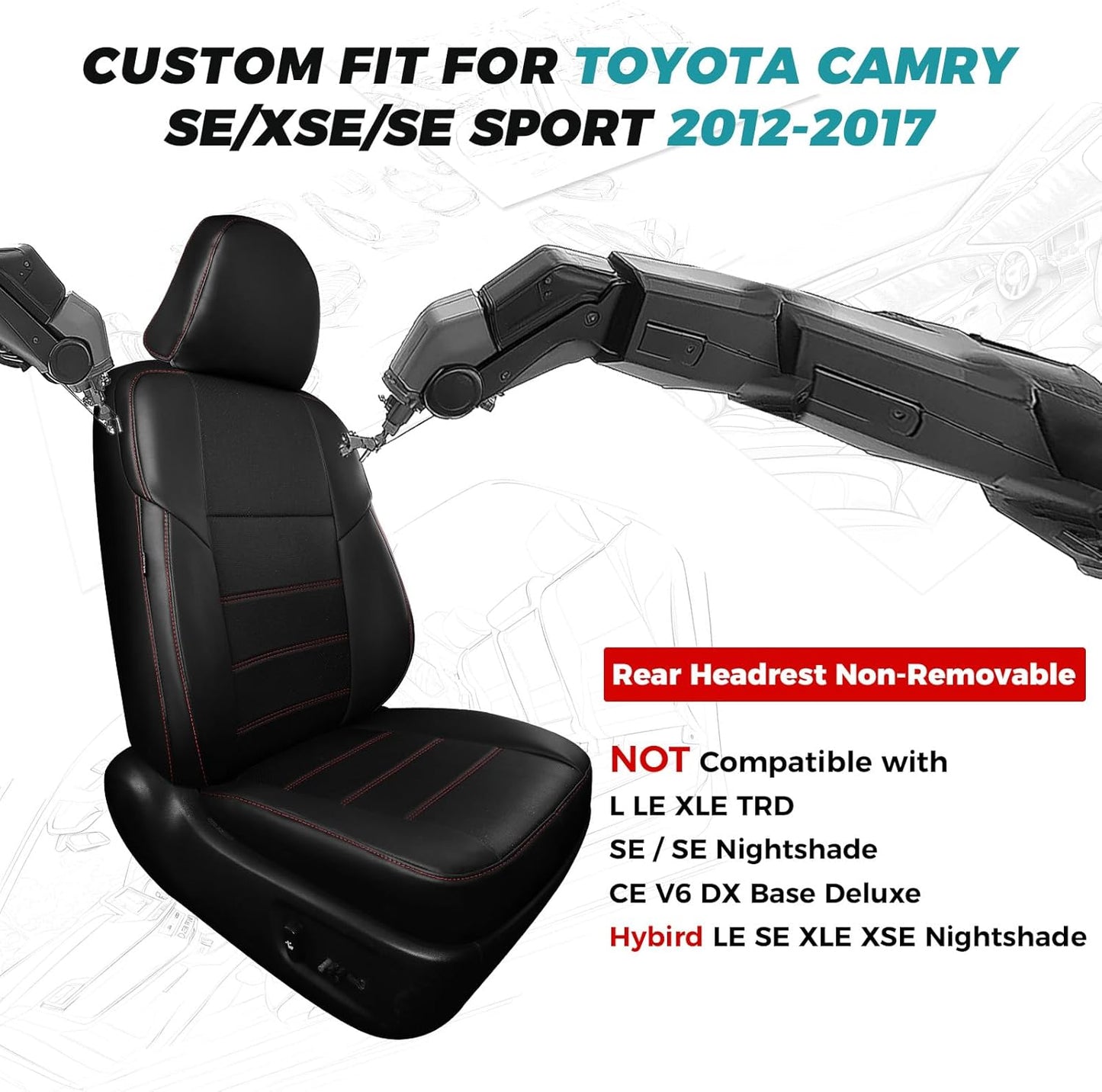 for Toyota Camry Seat Covers SE XSE SE Sport 2012 2013 2014 2015 2016 2017 - Custom Fit Car Seat Covers Full Set, Waterproof Breathable Leather Seat Covers for Cars, Black Red Not for Hybrid