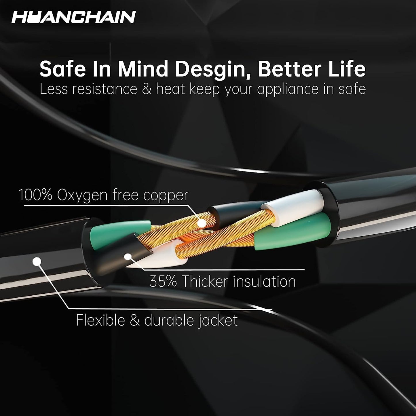 HUANCHAIN Indoor Outdoor Black Extension Cord 25 ft 2 Pack Waterproof, 16/3 Gauge Flexible Cold-Resistant Appliance Cable Outside, 13A 1625W 16AWG SJTW, 3 Prong Heavy Duty Electric Cord, ETL
